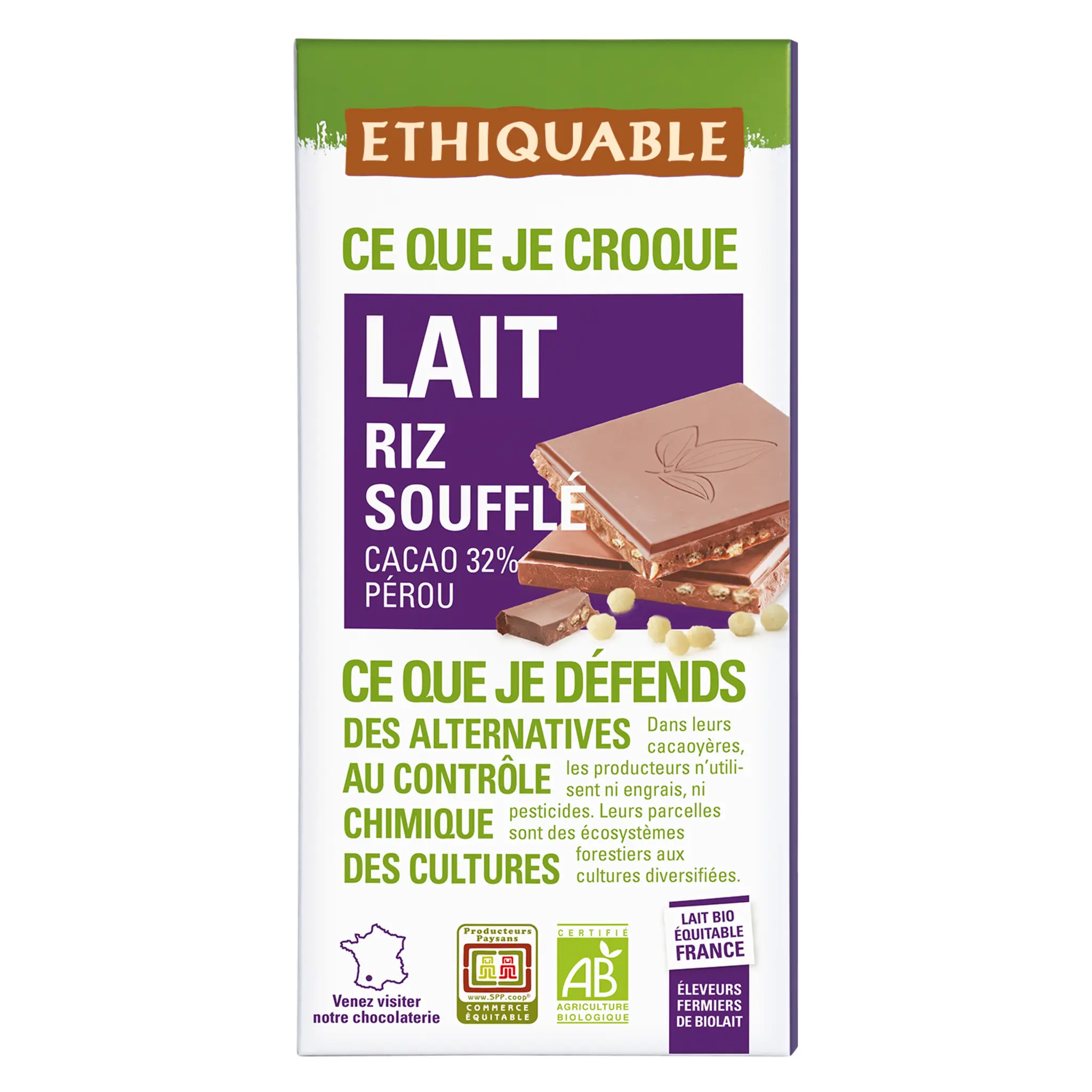 ETHIQUABLE Tablette de chocolat au lait bio 32% cacao équitable au riz soufflé