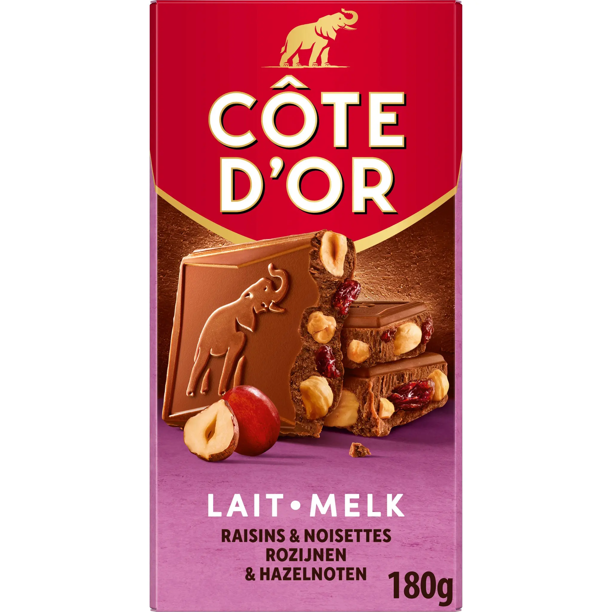 COTE D'OR Tablette de chocolat au lait raisins et noisettes entières