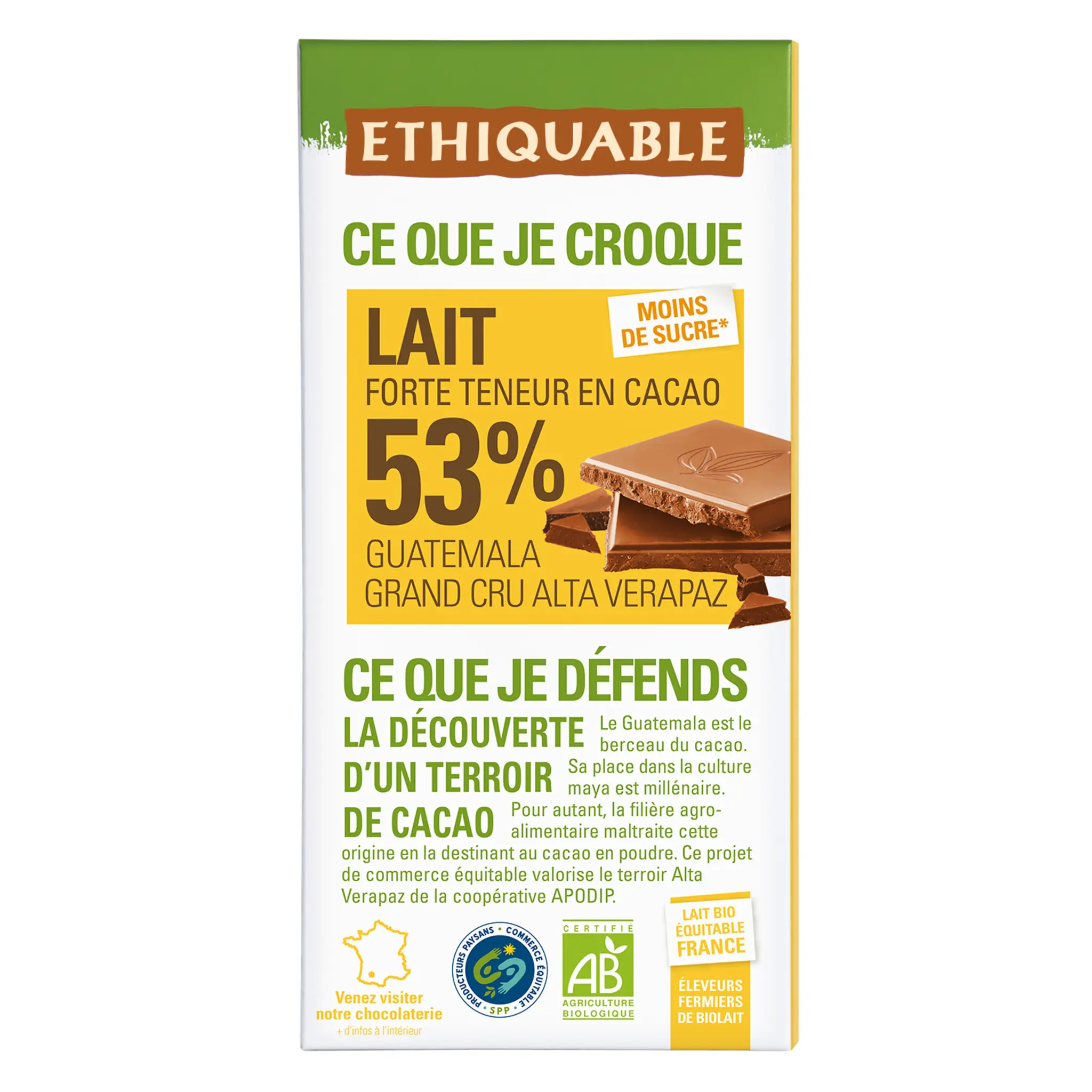 ETHIQUABLE Tablette de chocolat au lait bio de l'Equateur 53% cacao