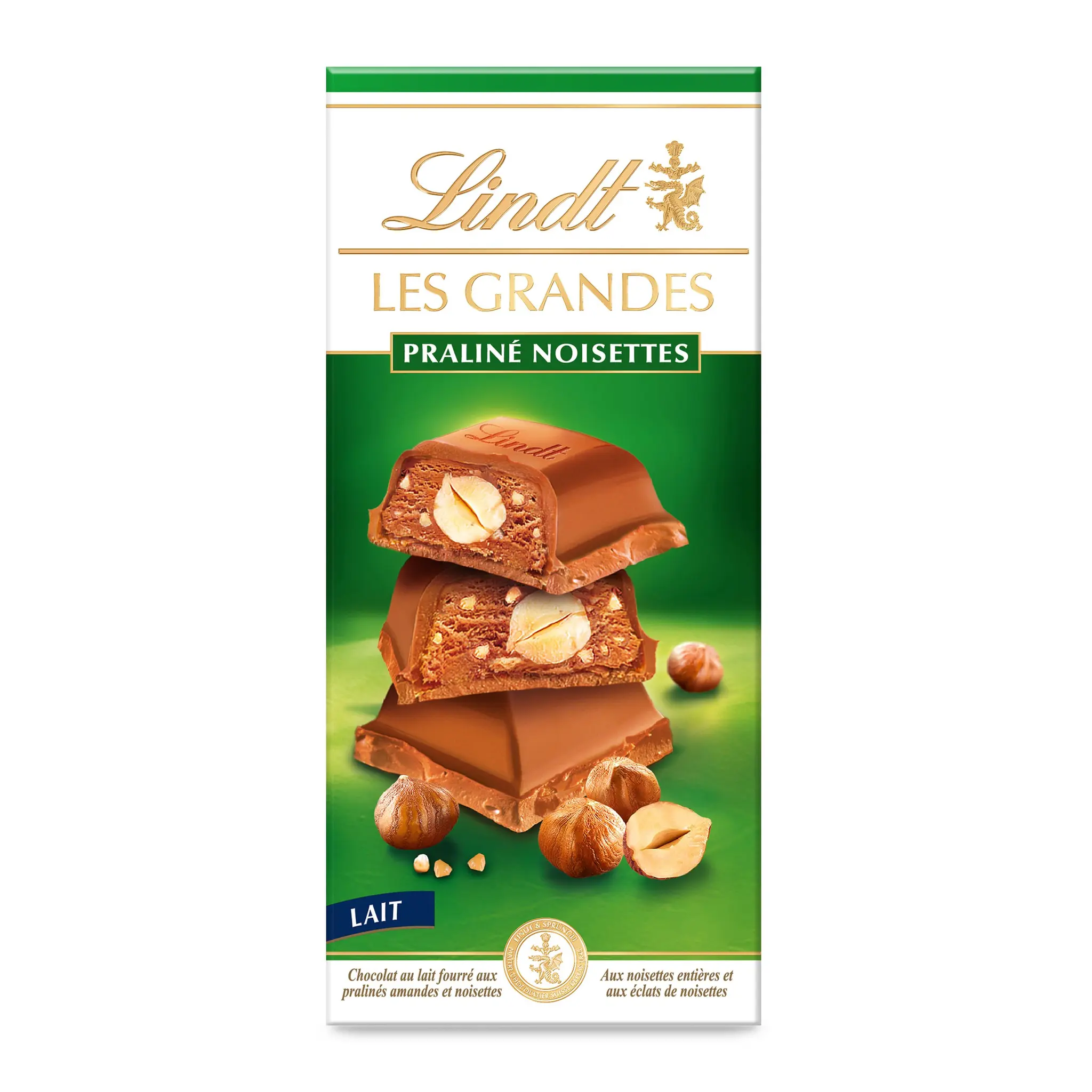 LINDT Les Grandes, tablette de chocolat au lait praliné noisettes