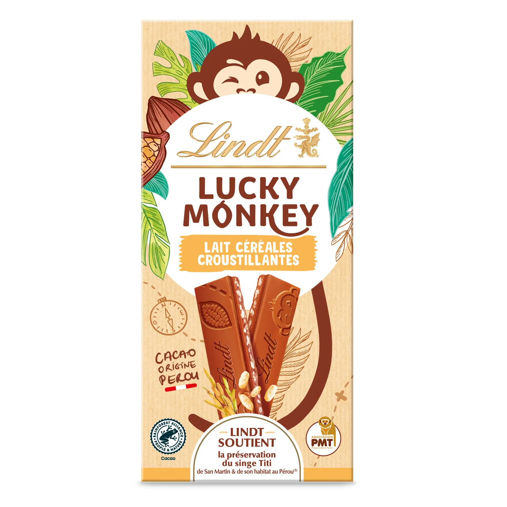 LINDT Lucky Monkey Tablette de chocolat au lait et aux céréales croustillantes