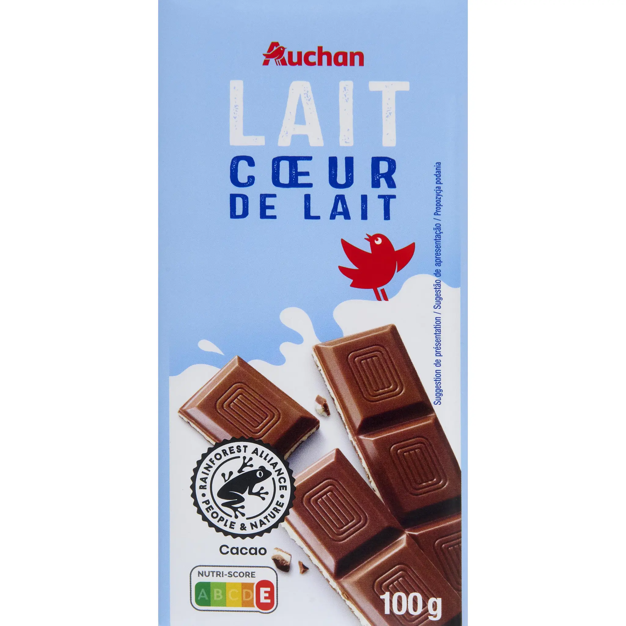 AUCHAN Tablette de chocolat au lait coeur de lait