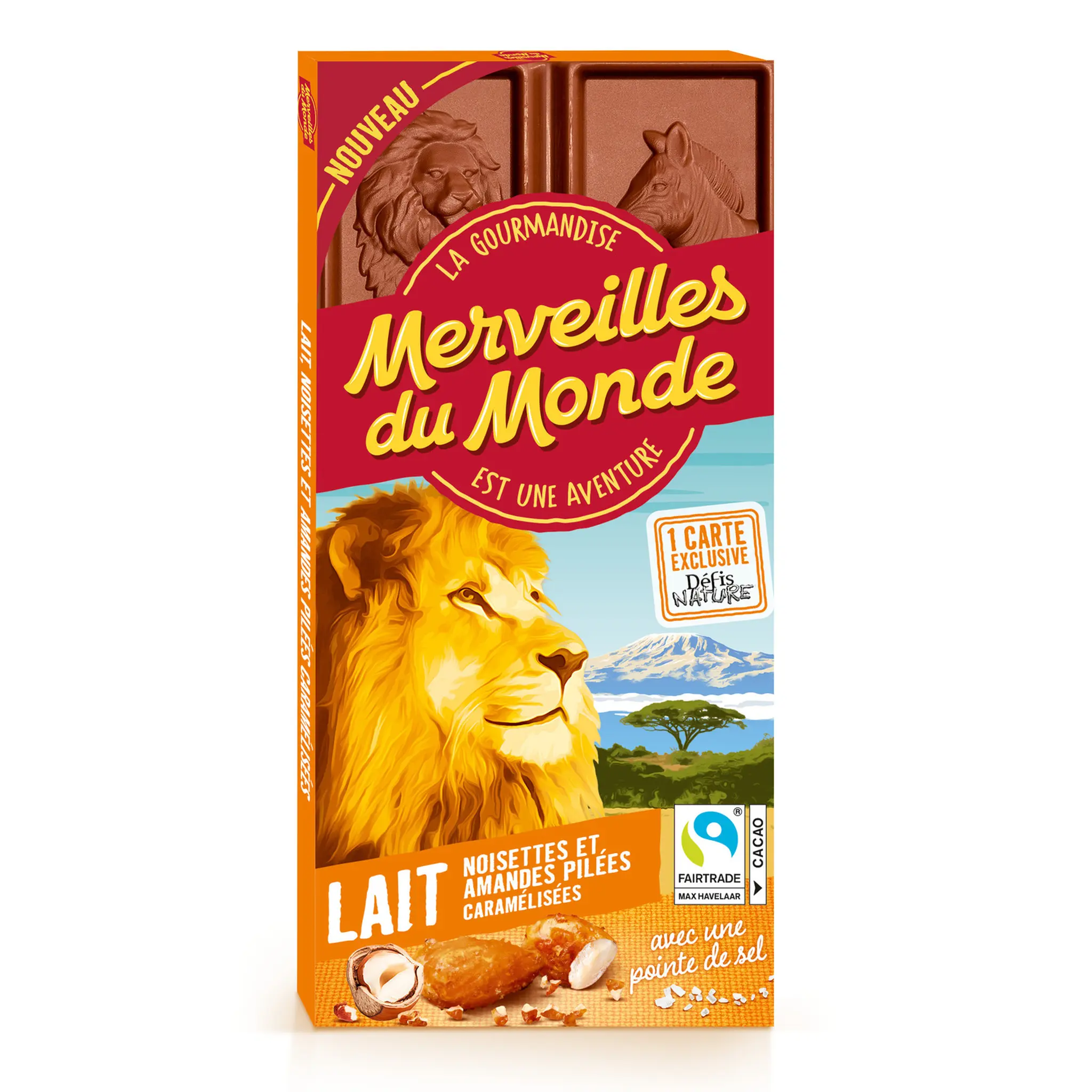 MERVEILLES DU MONDE Tablette de chocolat lait noisettes et amandes pilées caramélisées avec une pointe de sel