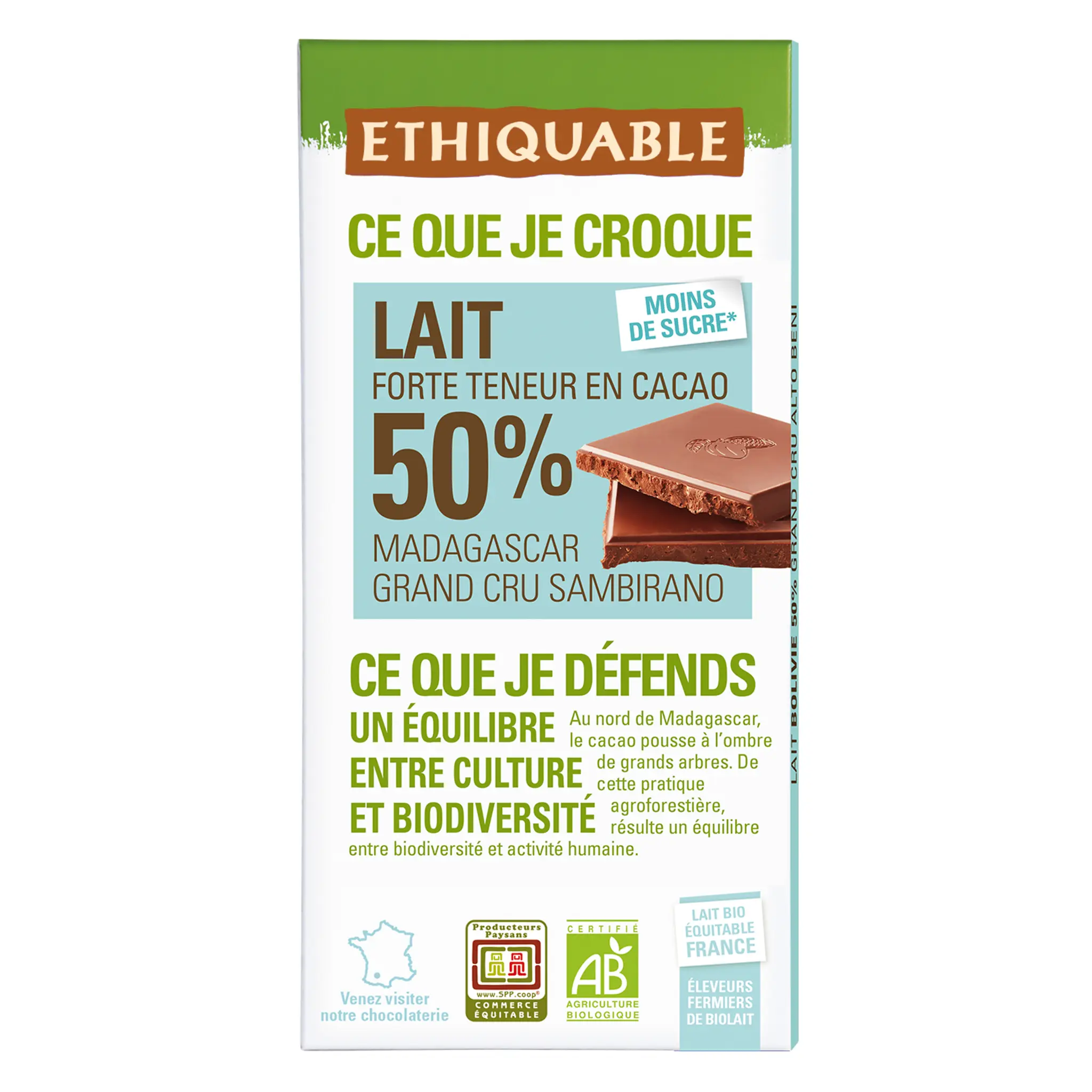 ETHIQUABLE Tablette de chocolat au lait bio de Madagascar et Bolivie 50% cacao