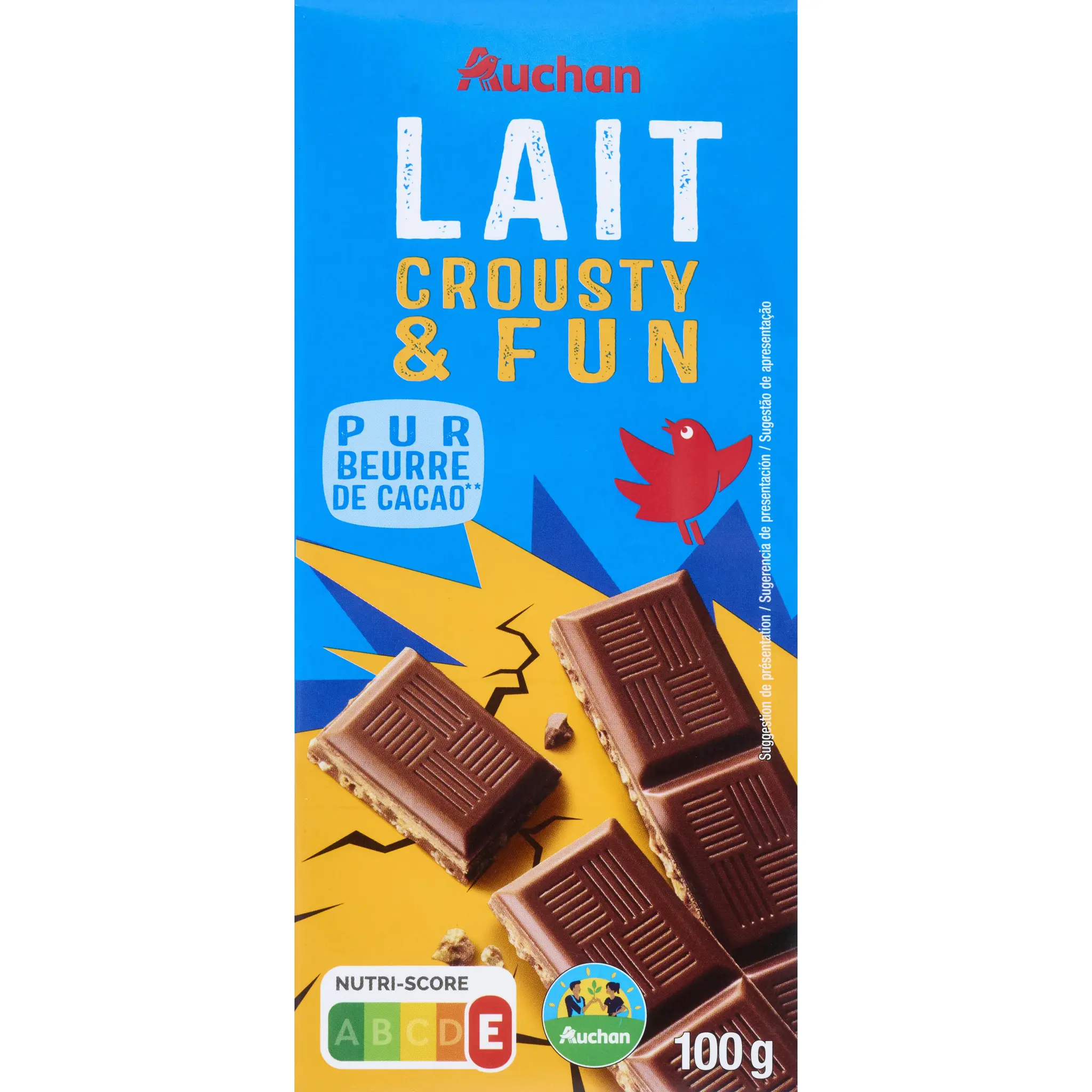 AUCHAN Tablette de chocolat au lait crousty et fun