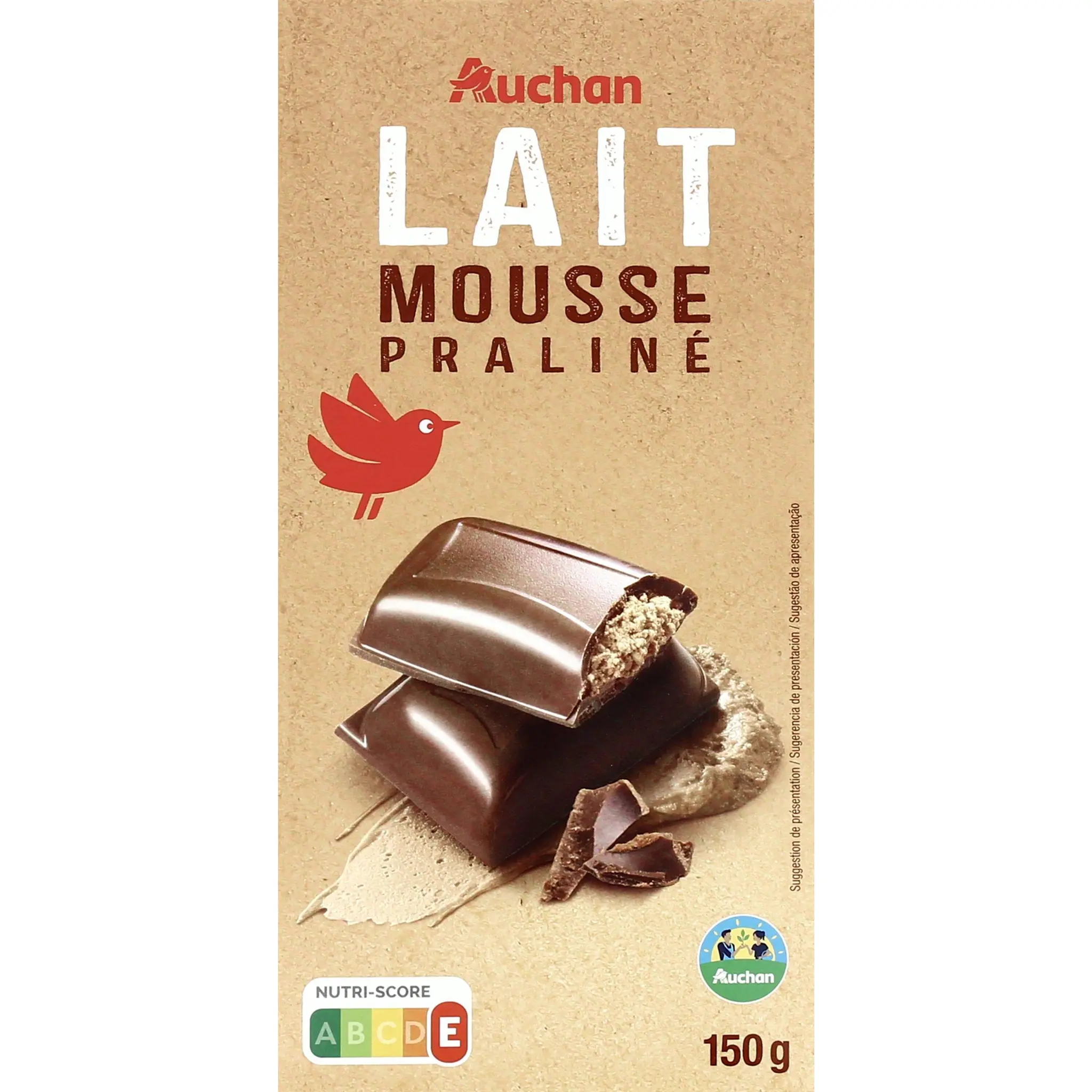 AUCHAN CULTIVONS LE BON Tablette de chocolat au lait fourrée mousse praliné