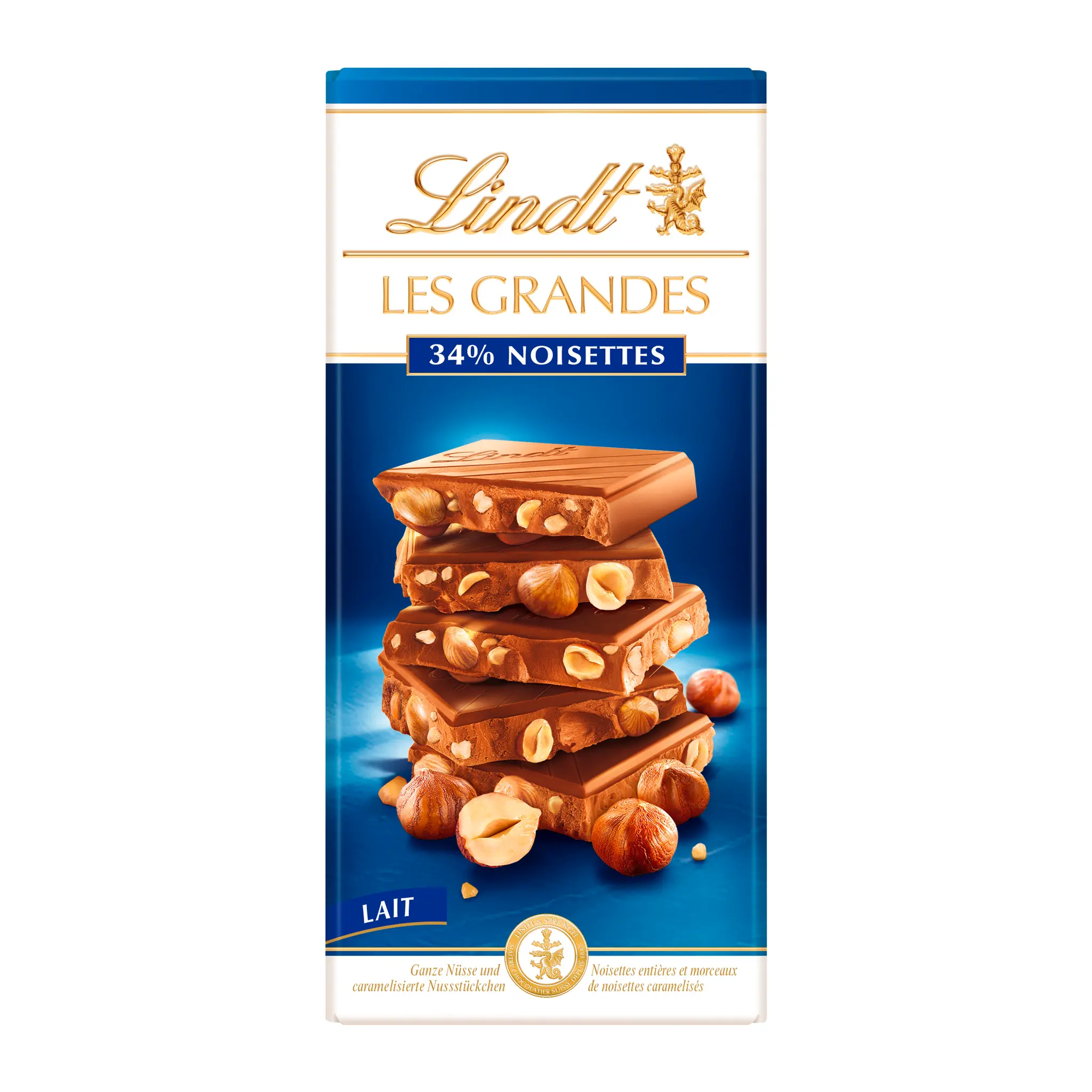 LINDT Les Grandes Tablette de chocolat au lait 34% noisettes