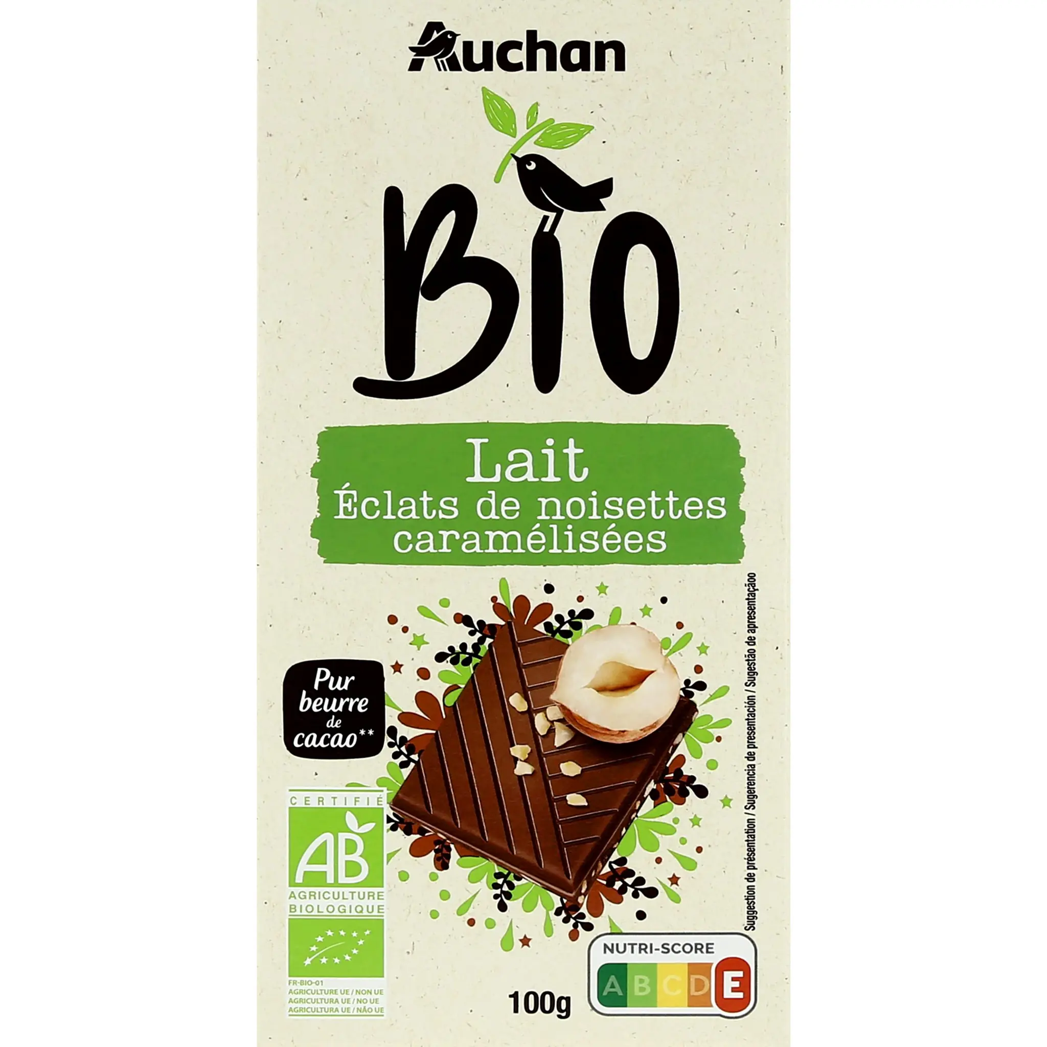 AUCHAN BIO CULTIVONS LE BON Tablette de chocolat au lait éclats de noisettes caramélisées