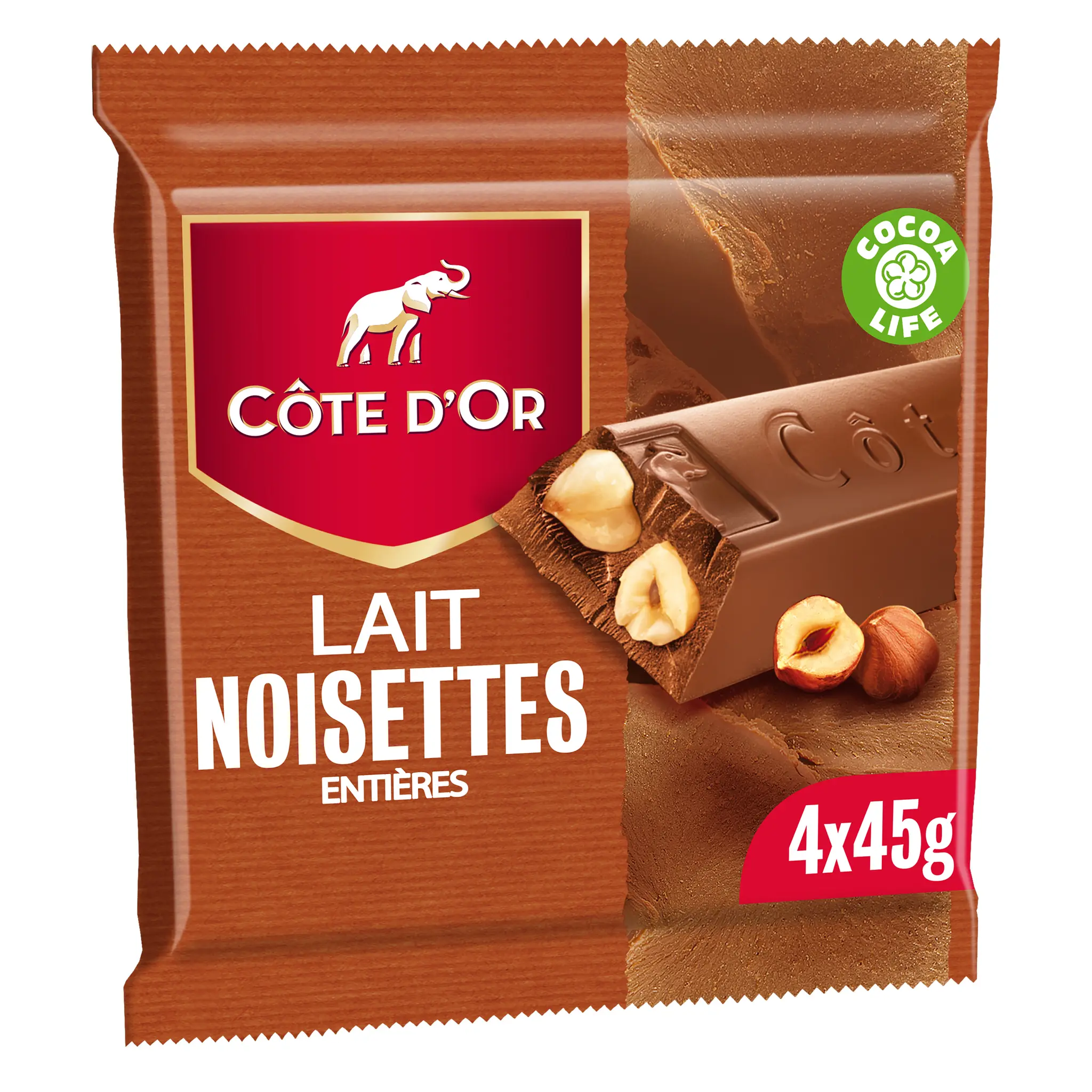 COTE D'OR Tablette de chocolat au lait noisettes entières en barres