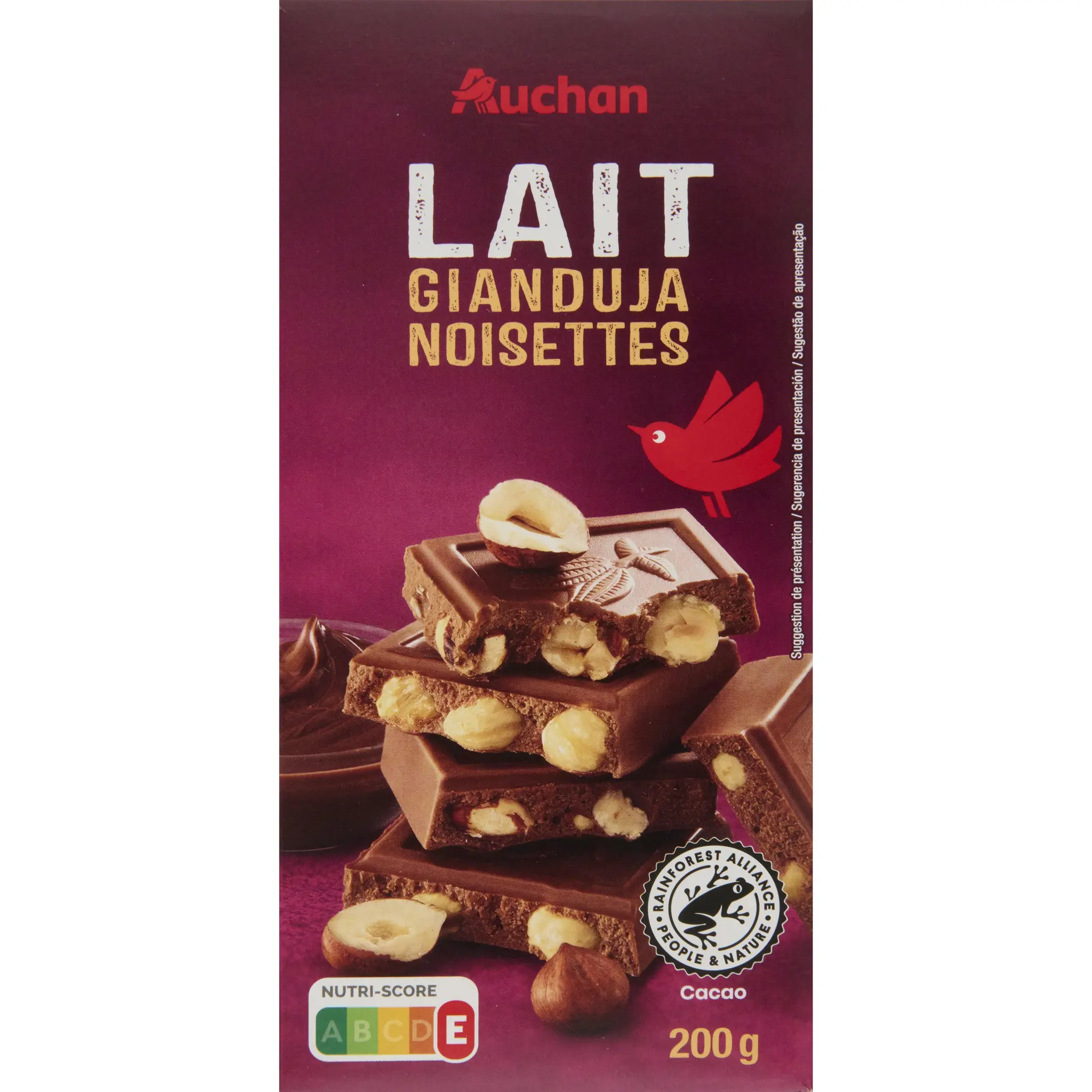 AUCHAN Tablette de chocolat au lait gianduja noisettes
