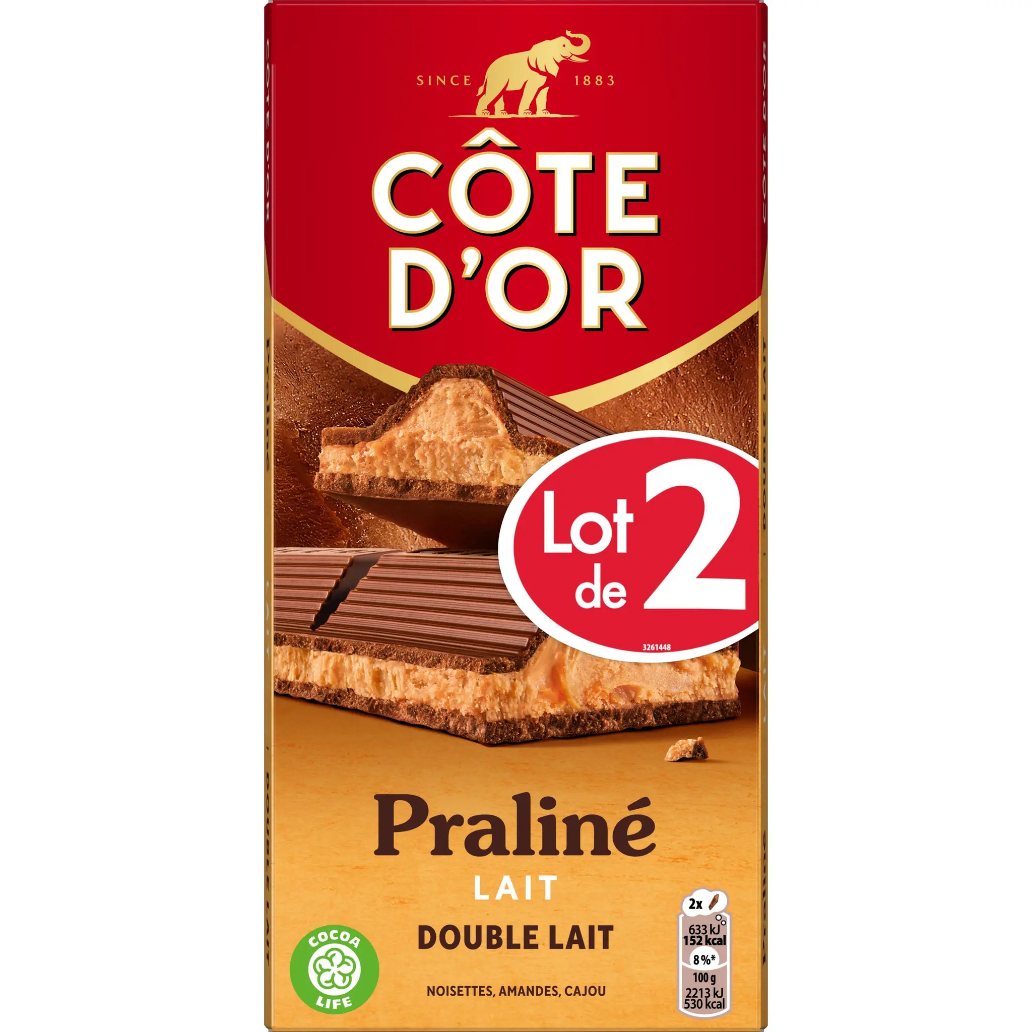 COTE D'OR Tablette de chocolat au lait fourrée praliné double lait