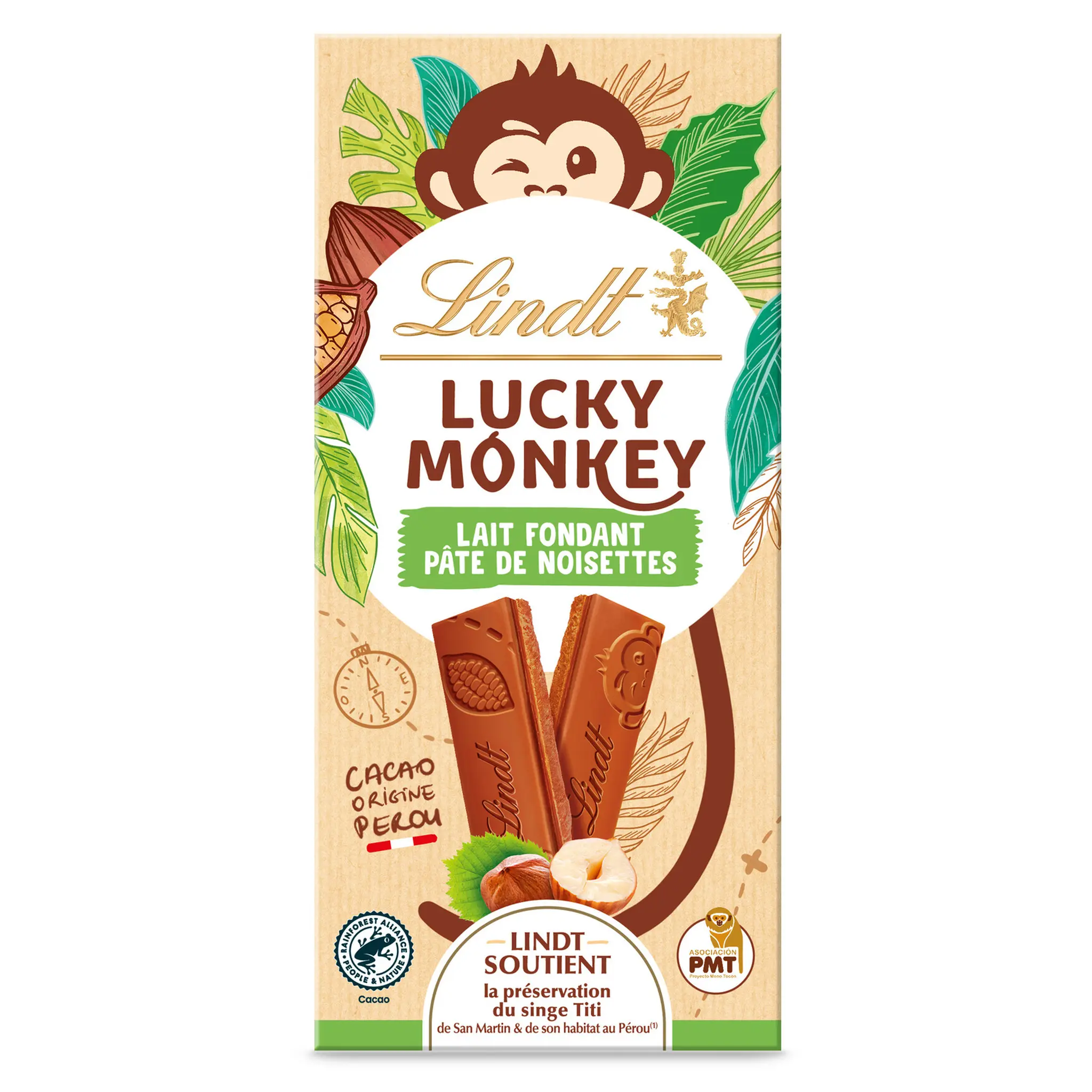 LINDT Lucky Monkey Tablette de chocolat au lait et pâte de noisettes