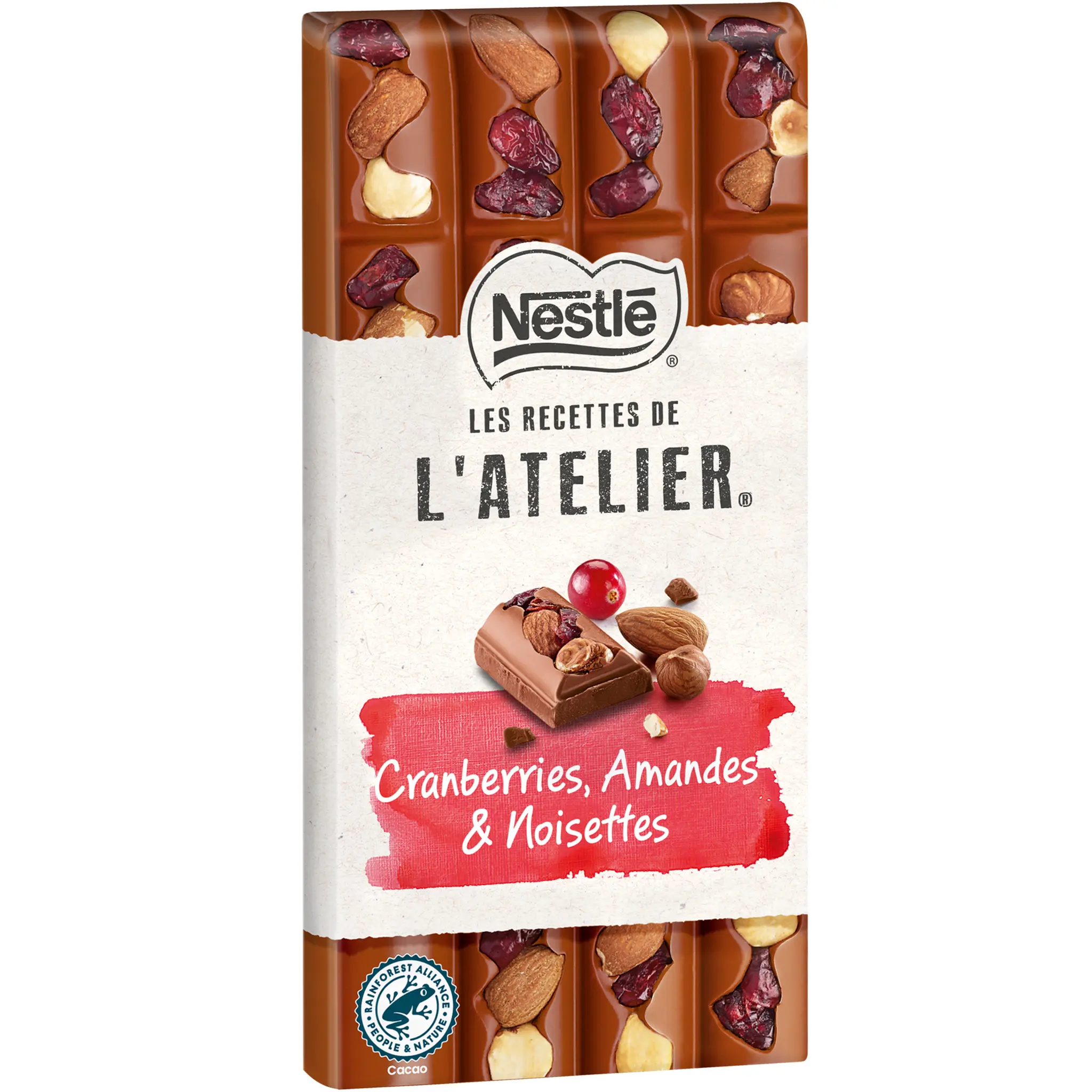 NESTLE Les Recettes de l'Atelier Tablette de chocolat au lait cranberries amandes et noisettes