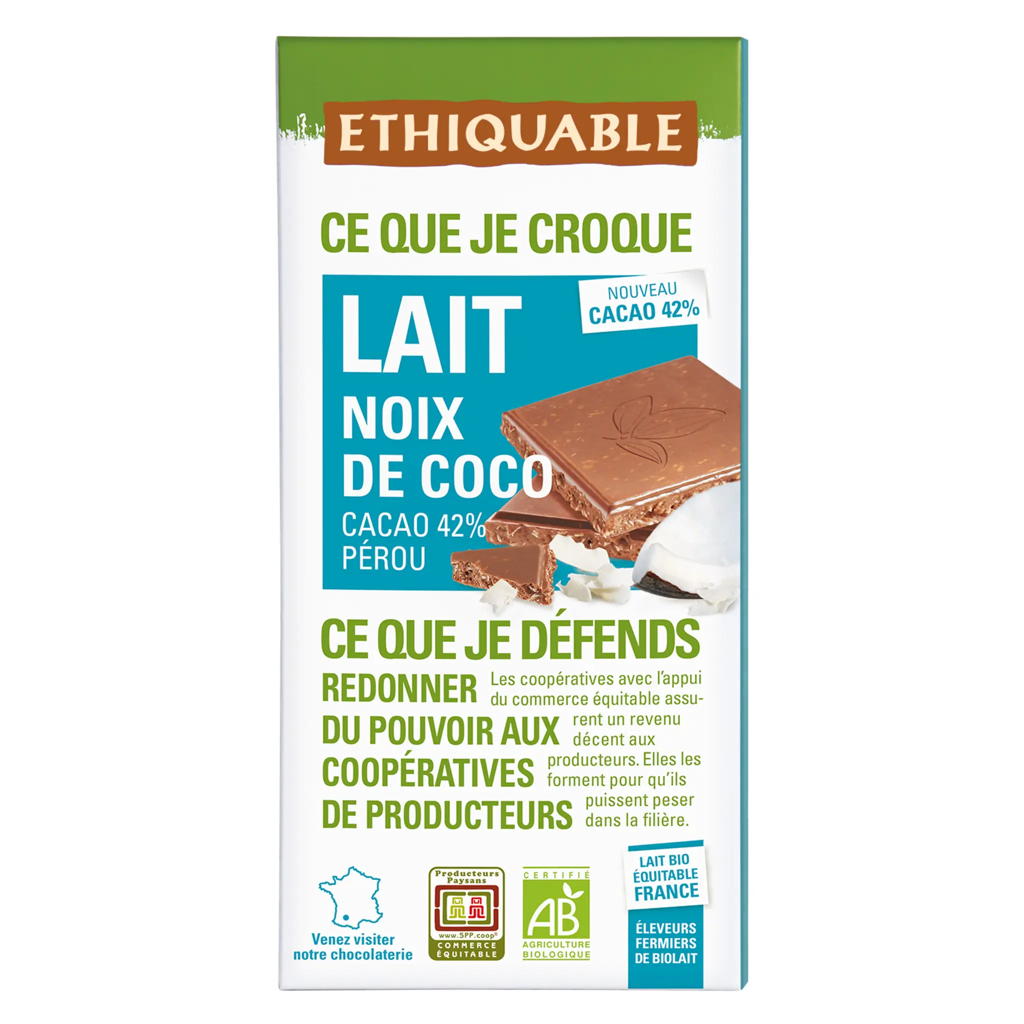 ETHIQUABLE Tablette de chocolat au lait bio noix de coco Pérou