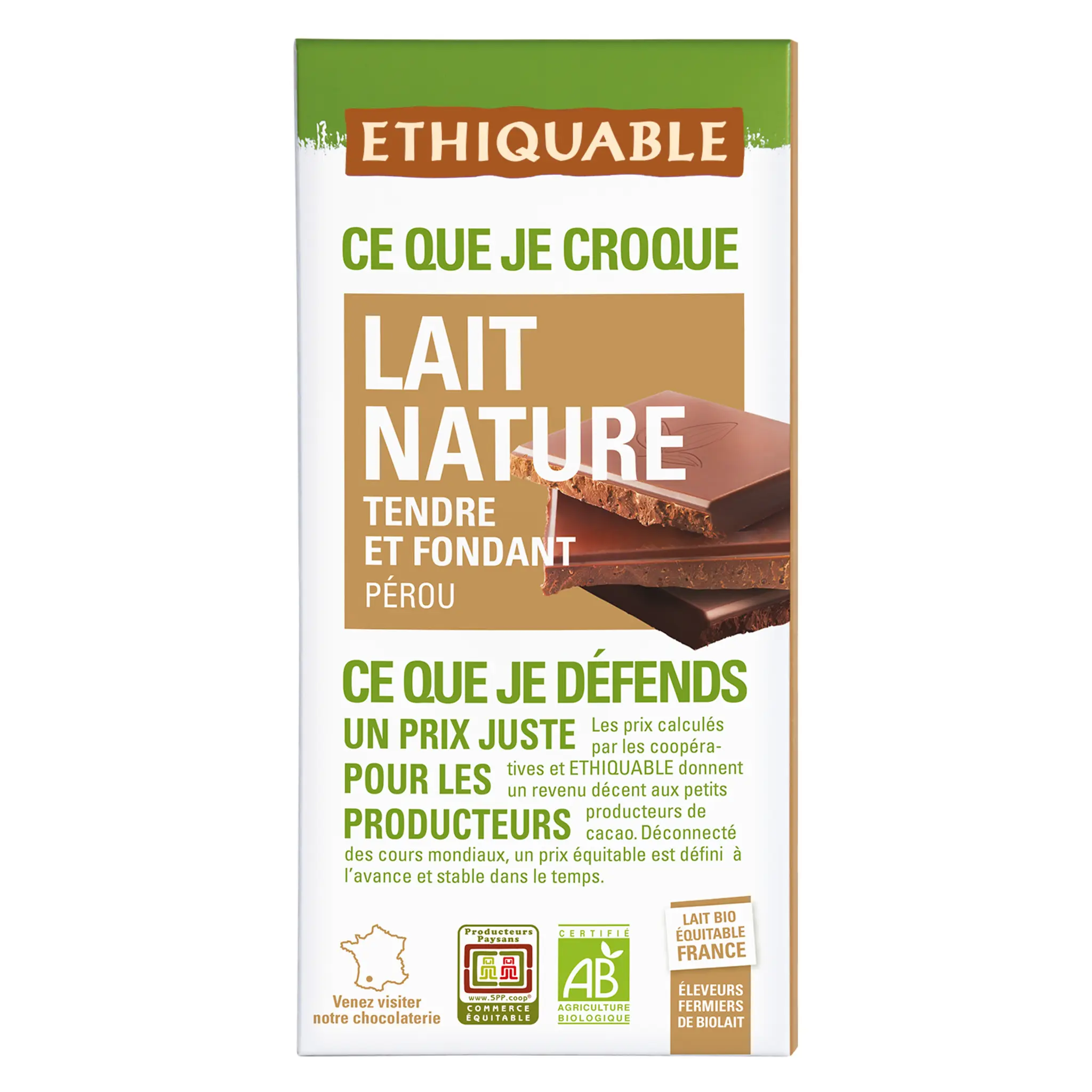 ETHIQUABLE Tablette de chocolat au lait bio équitable tendre et fondant Pérou