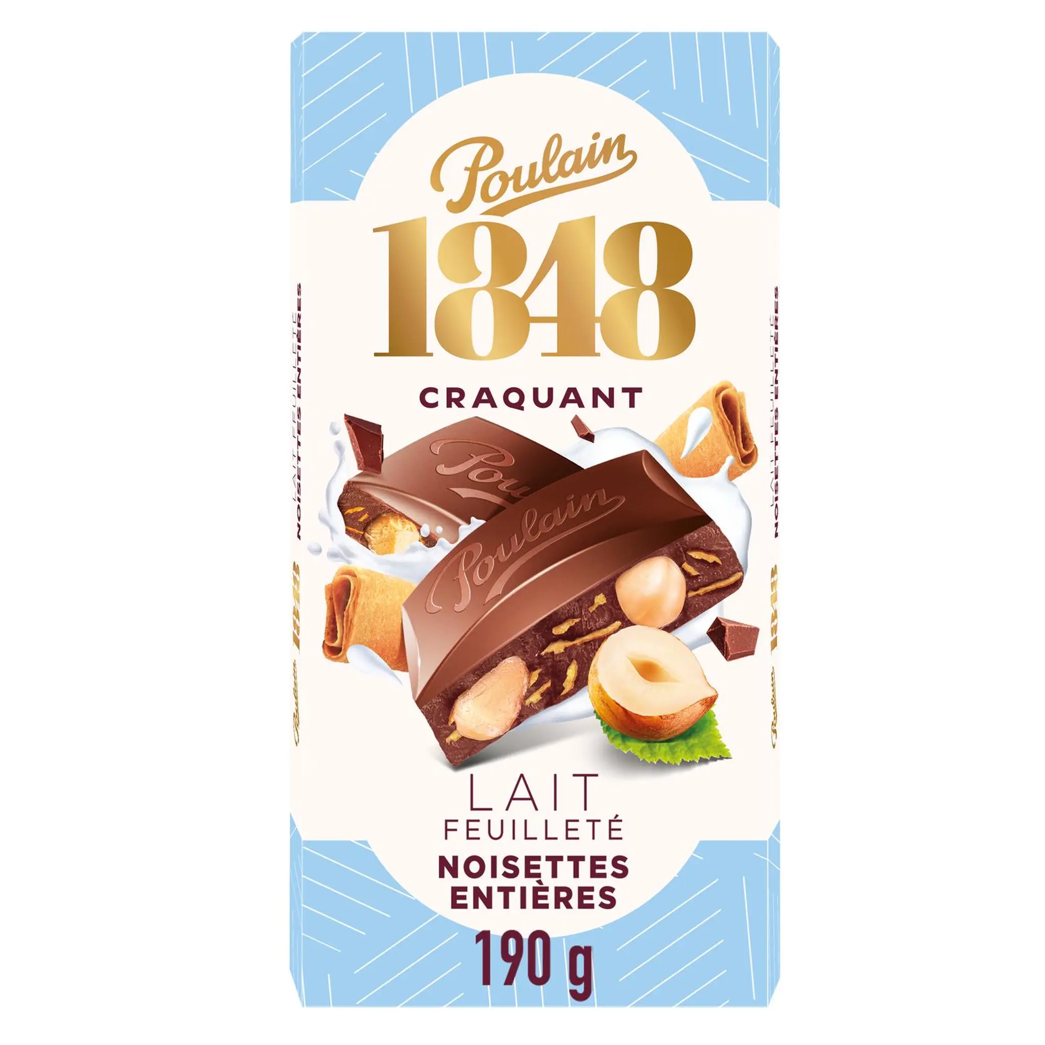 POULAIN 1848 Tablette de chocolat au lait feuilleté aux noisettes entières et éclats de crêpes dentelle