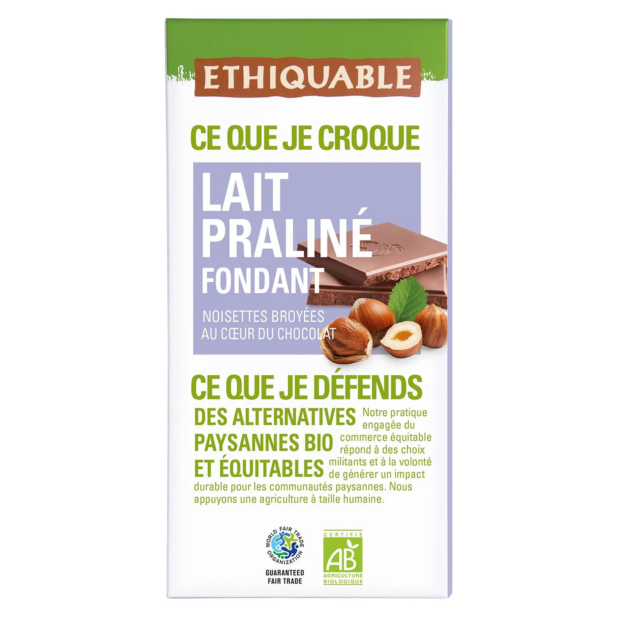 ETHIQUABLE Tablette de chocolat au lait praliné fondant bio