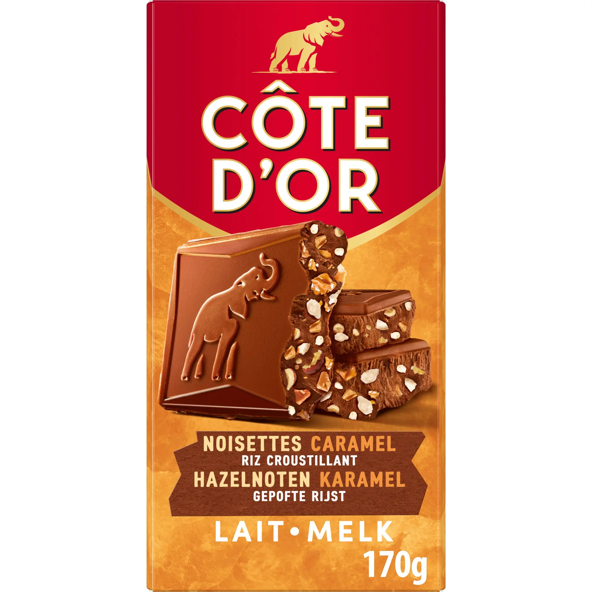 COTE D'OR Tablette de chocolat au lait aux morceaux de noisettes caramel et riz croustillant