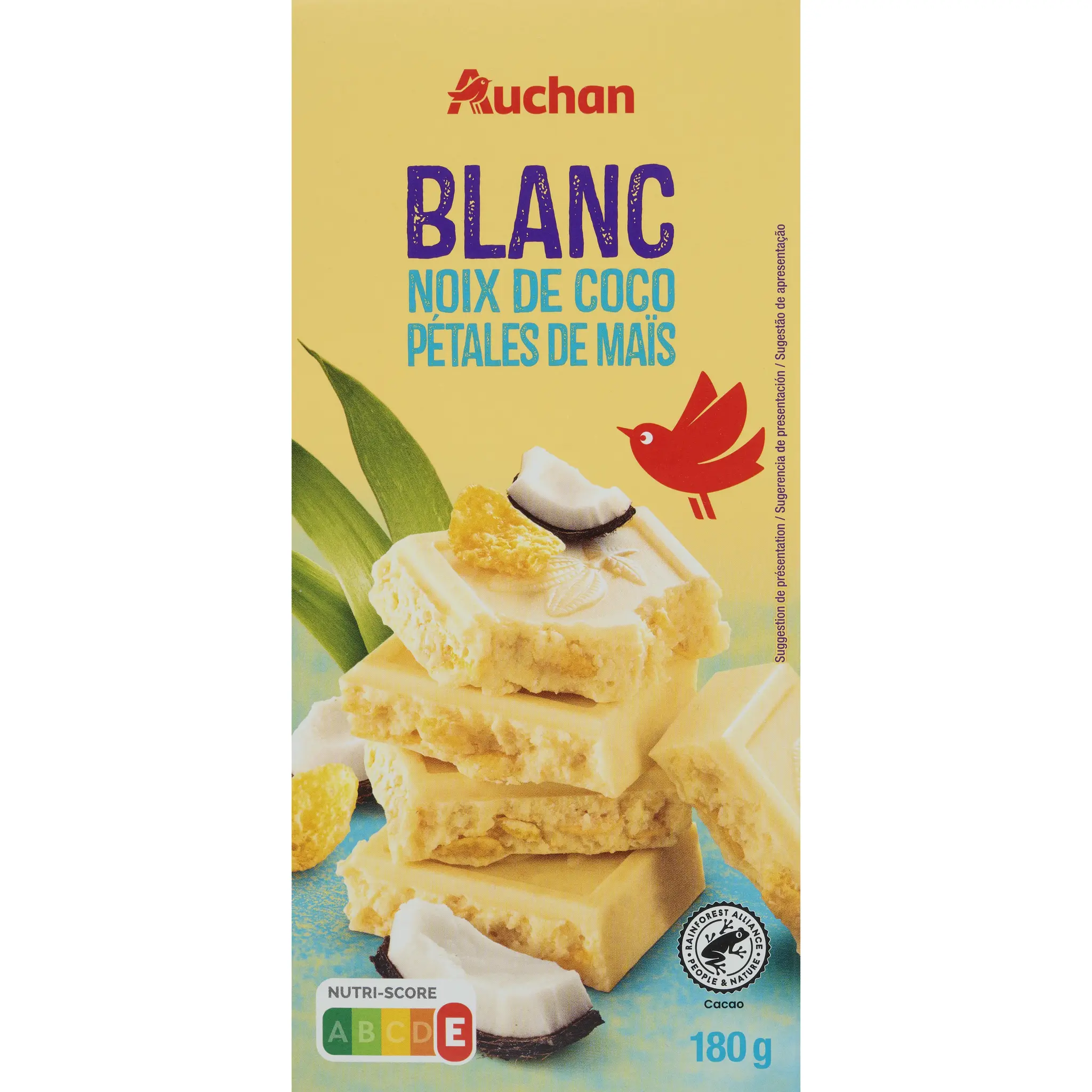 AUCHAN Tablette de chocolat blanc noix de coco et pétales de maïs