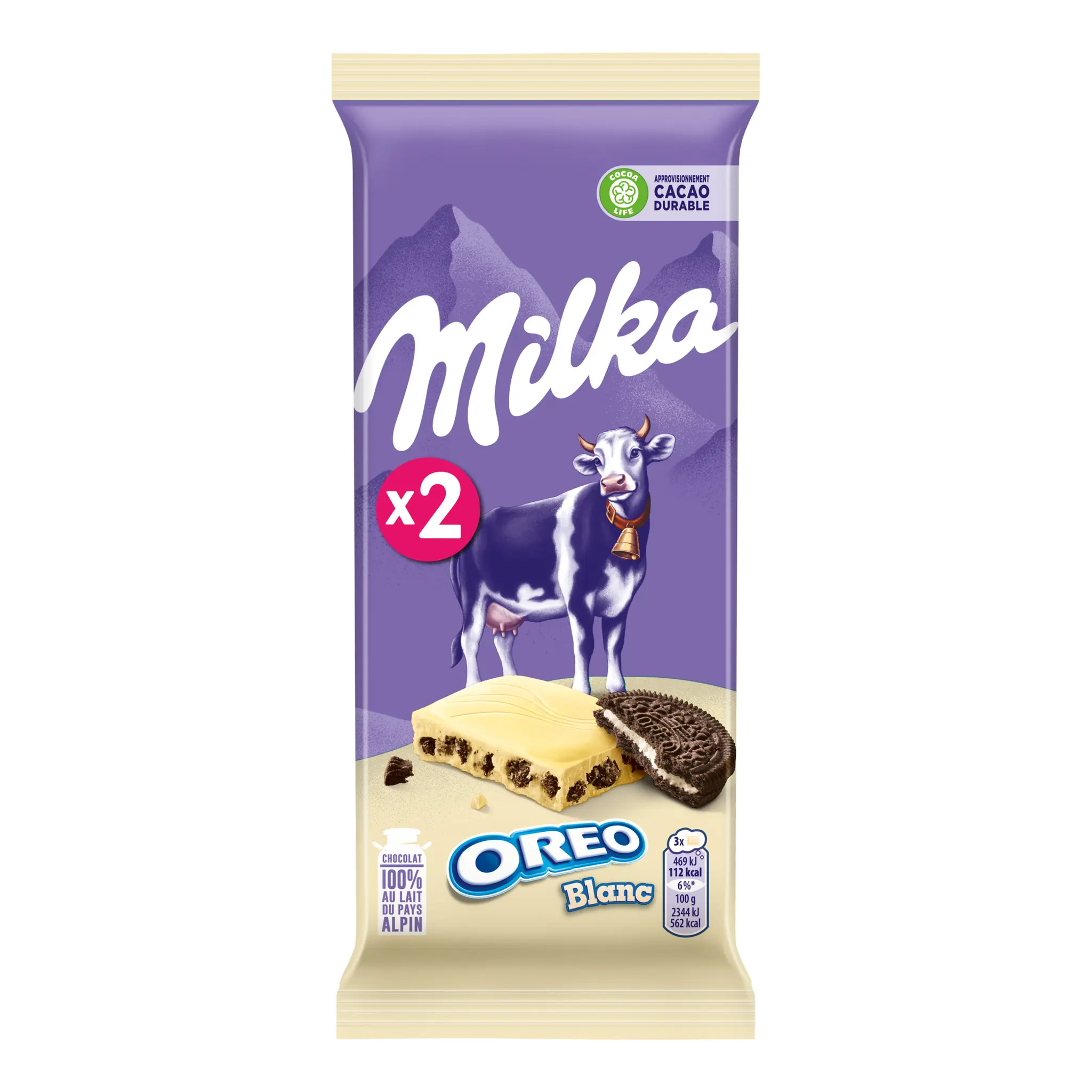 MILKA Oréo Tablette de chocolat blanc vanille et morceaux de biscuits cacaotés