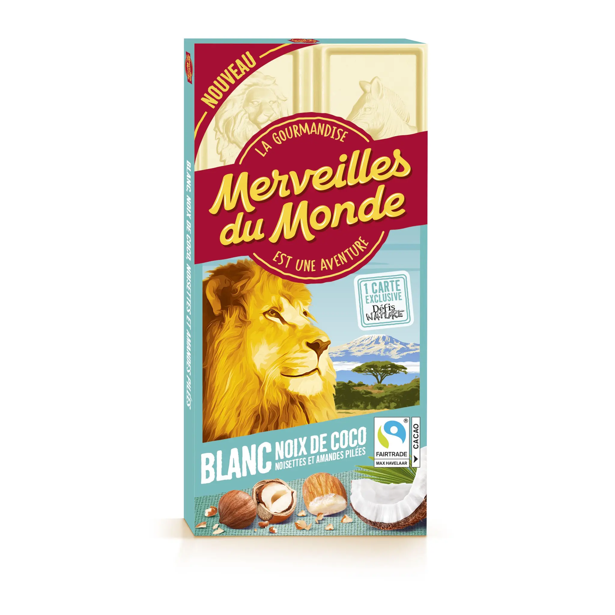 MERVEILLES DU MONDE Tablette de chocolat blanc noix de coco noisettes et amandes pilées