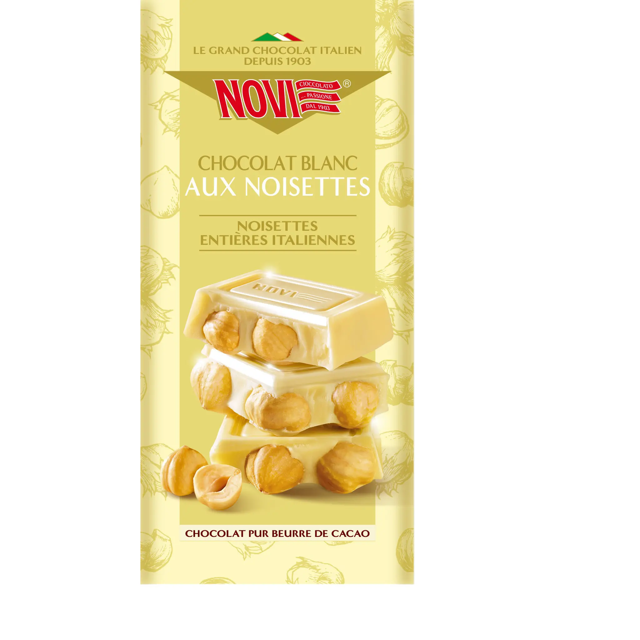 NOVI Tablette de chocolat blanc et noisettes dégustation