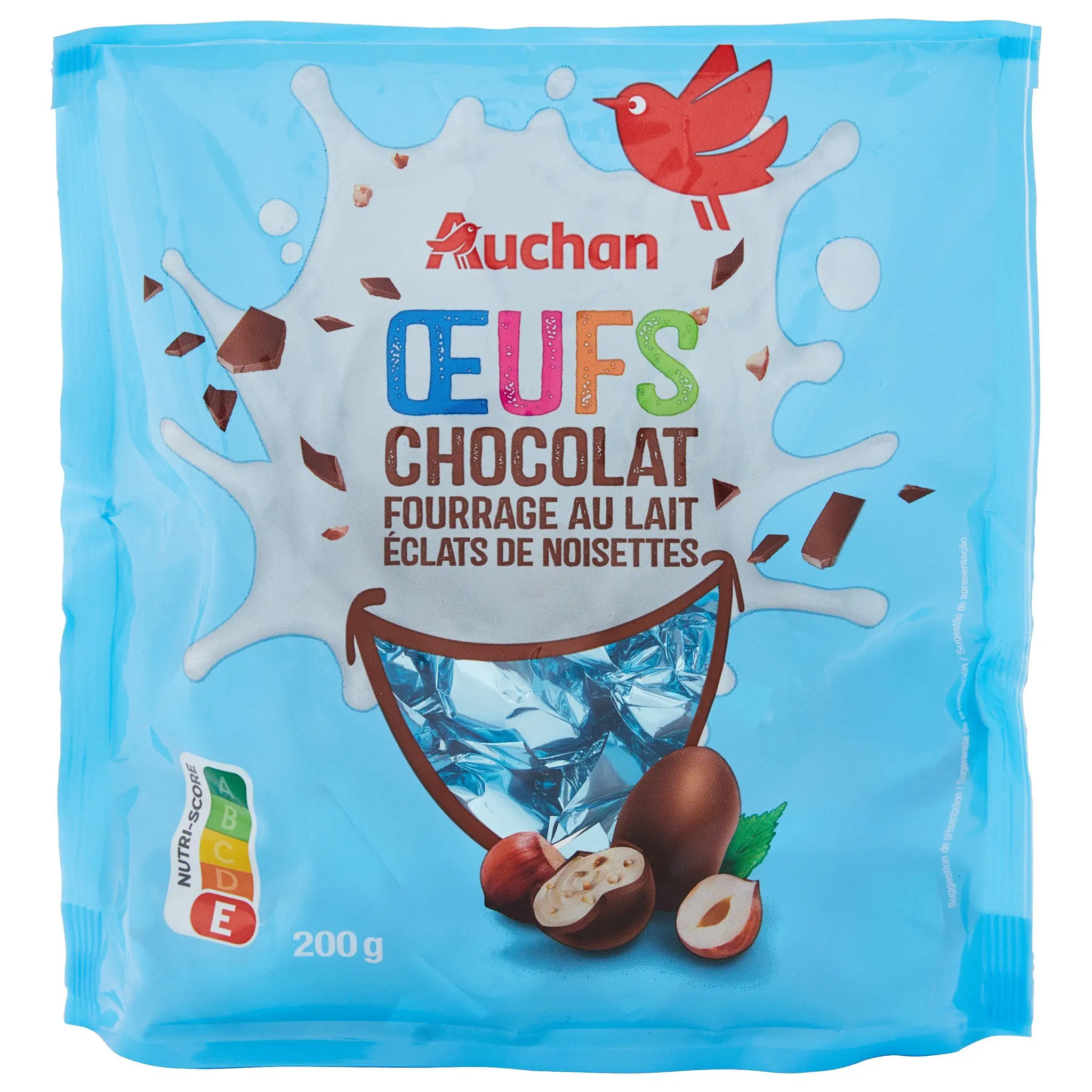 AUCHAN Œufs en chocolat fourrés au lait et éclats de noisettes