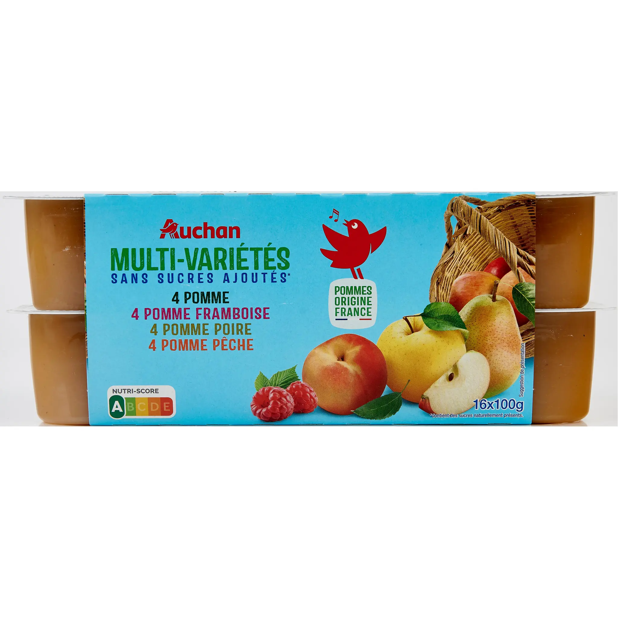 AUCHAN Coupelles multi-variétés purée de pomme framboise poire pêche sans sucre ajoutés