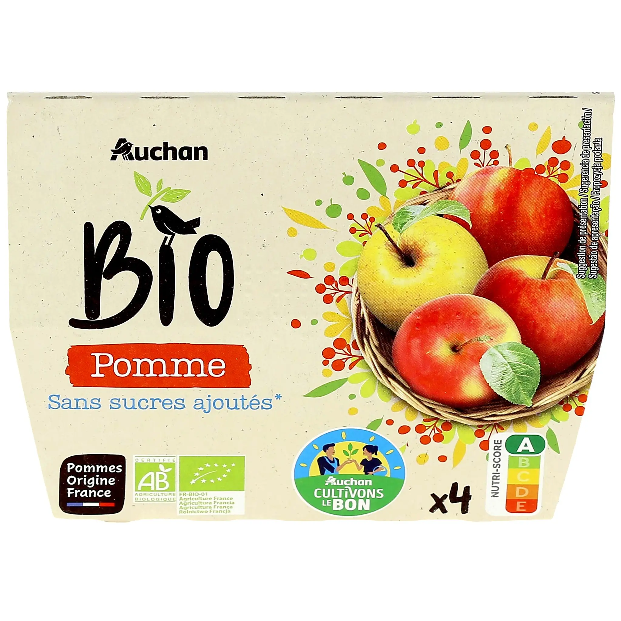AUCHAN BIO CULTIVONS LE BON Coupelles purée de pomme sans sucres ajoutés