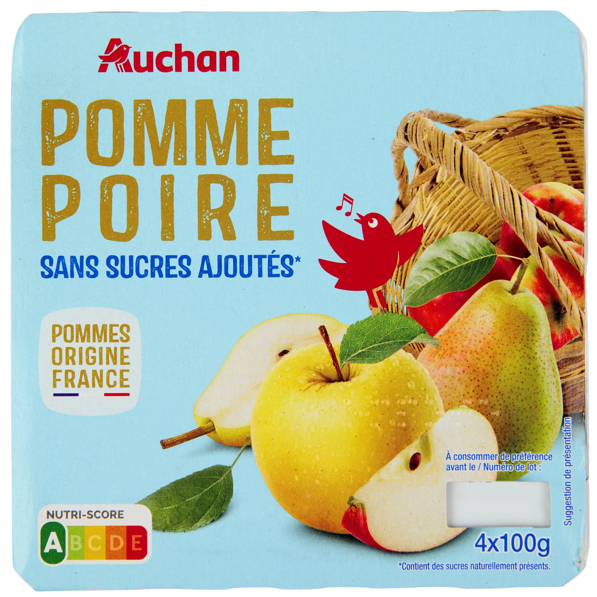 AUCHAN Coupelles purée de pomme poire sans sucres ajoutés