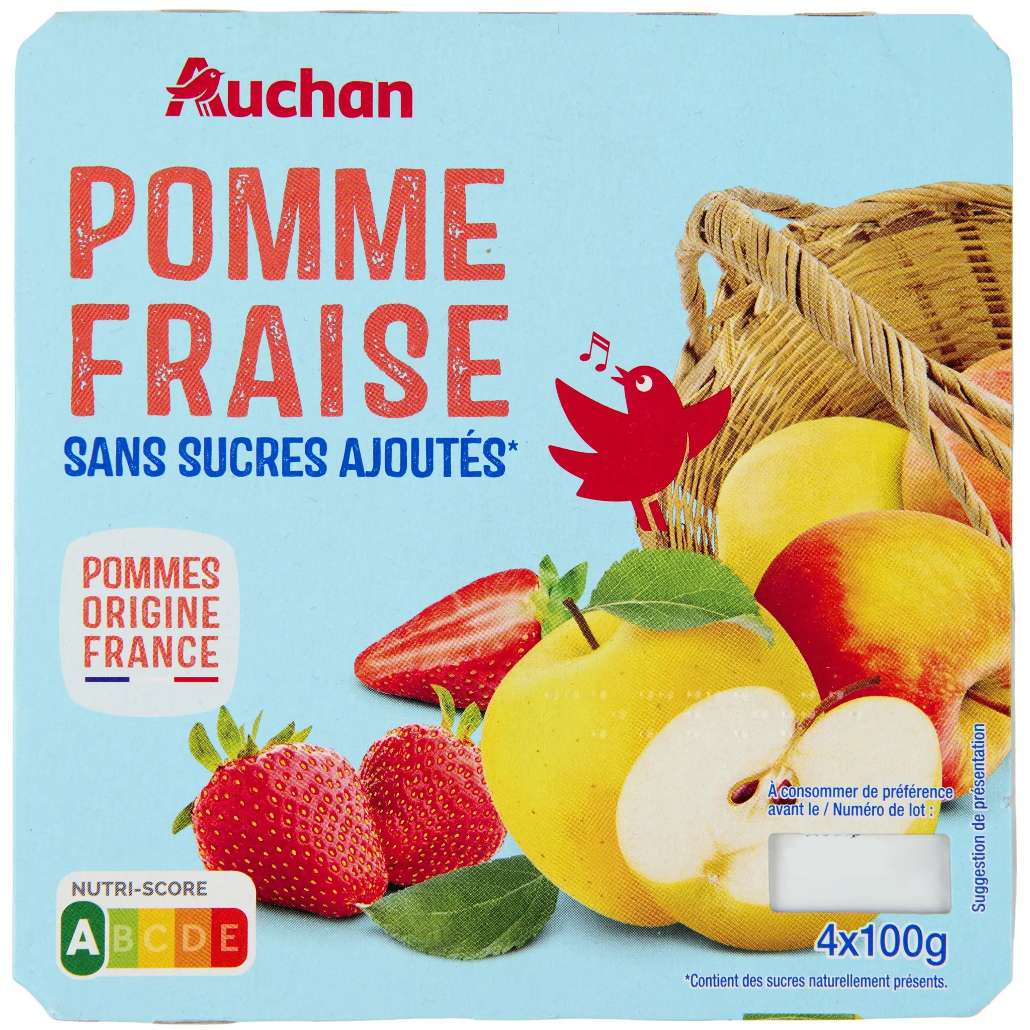AUCHAN Coupelles pomme fraisse sans sucres ajoutés