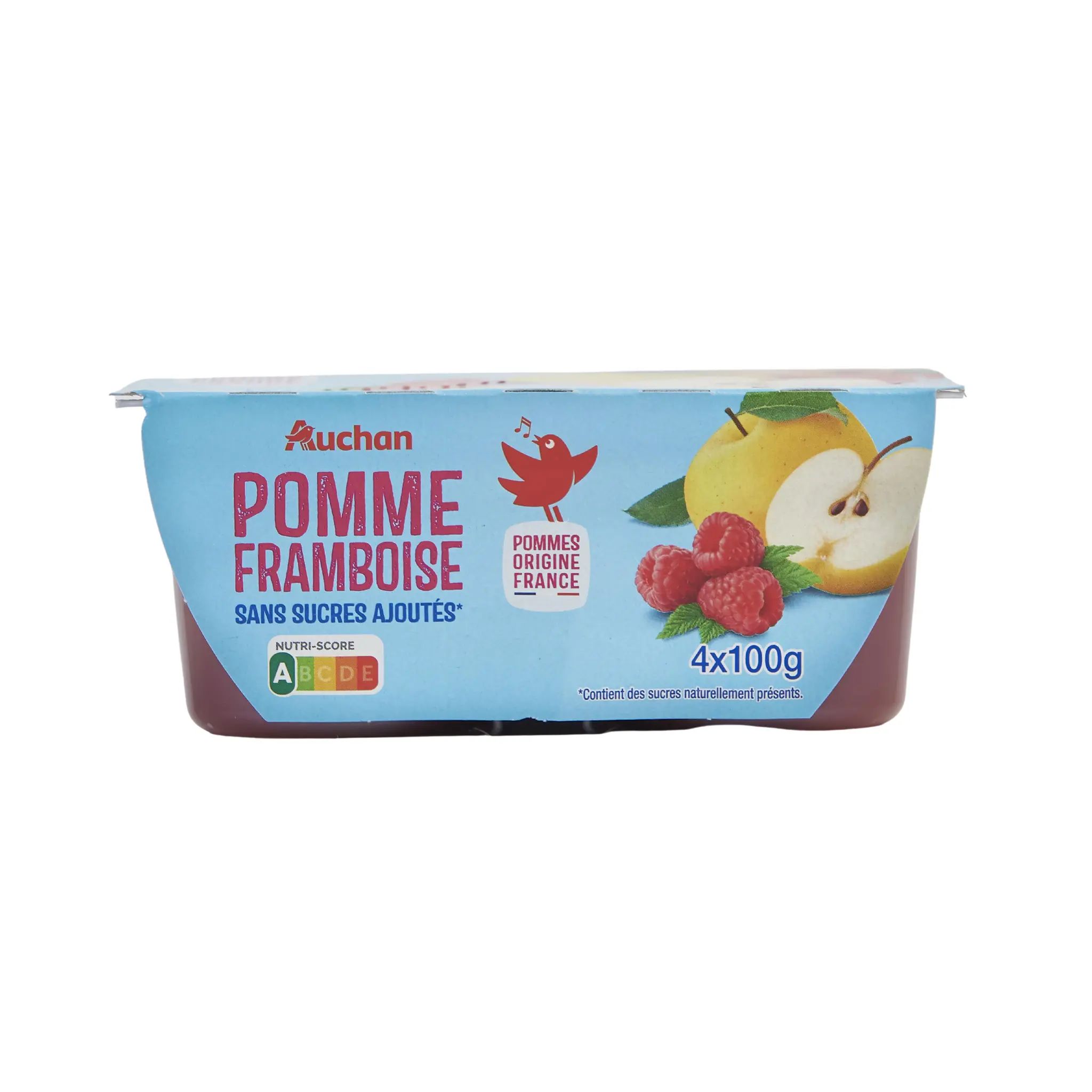 AUCHAN Coupelles purée de pomme framboise sans sucres ajoutés