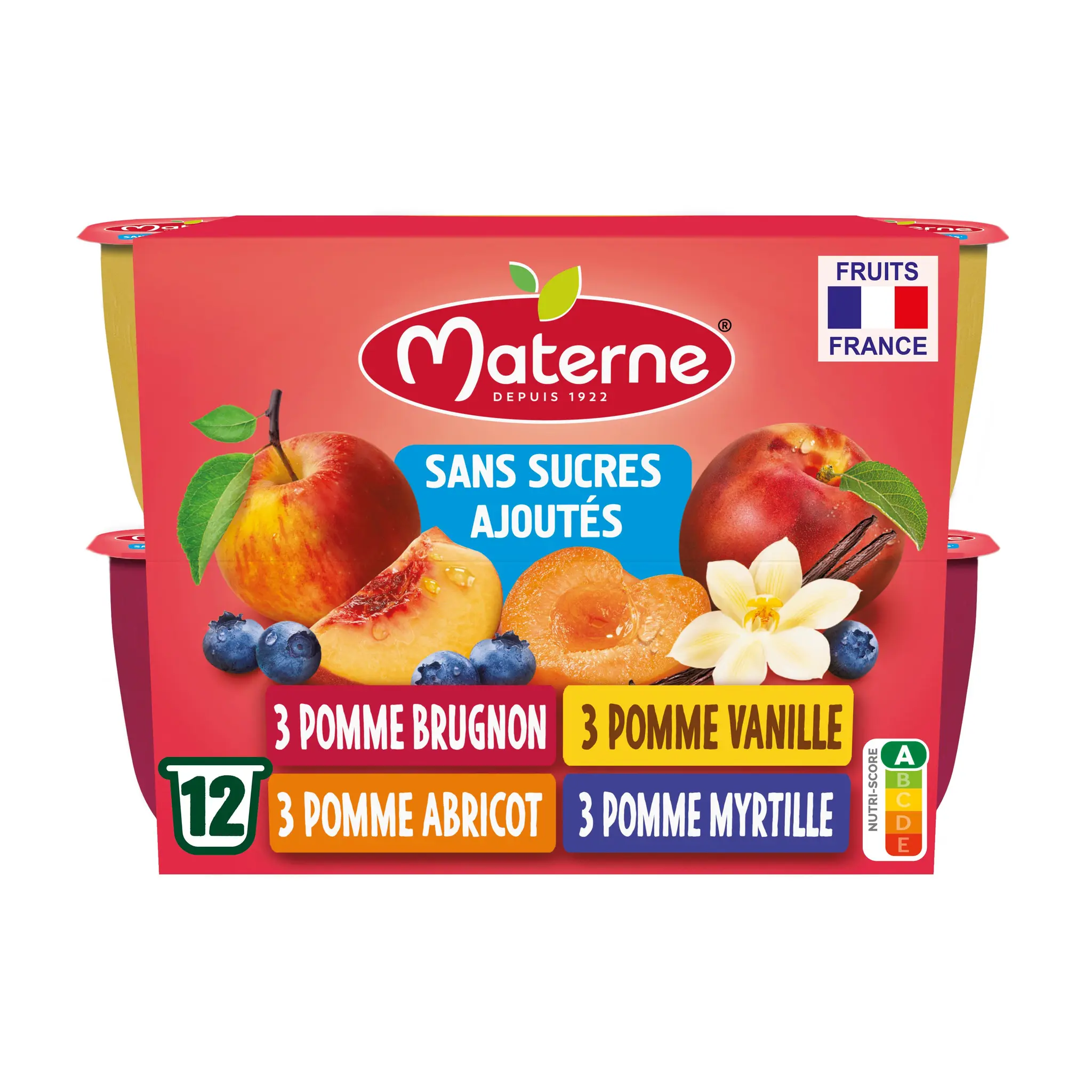 MATERNE Coupelles compote de pomme vanille brugnon abricot et myrtille sans sucres ajoutés