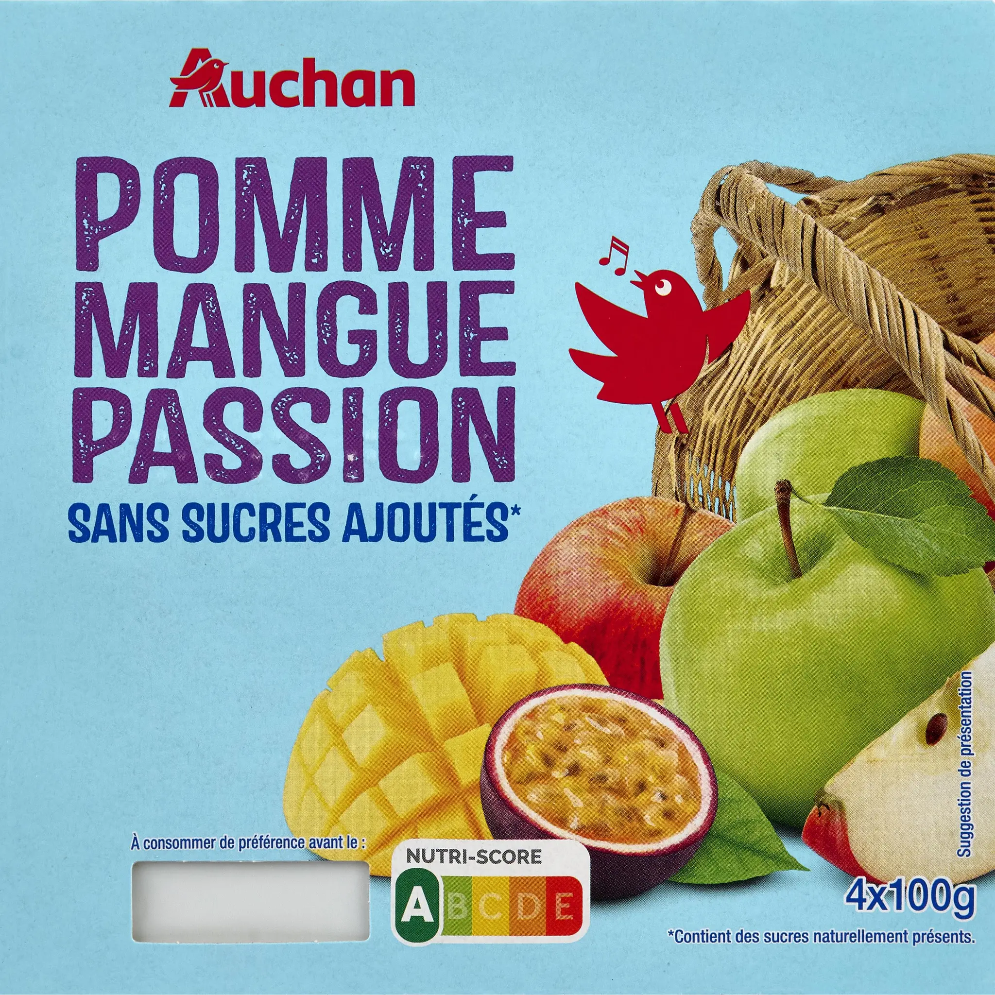 AUCHAN Coupelles pomme mangue passion sans sucres ajoutés