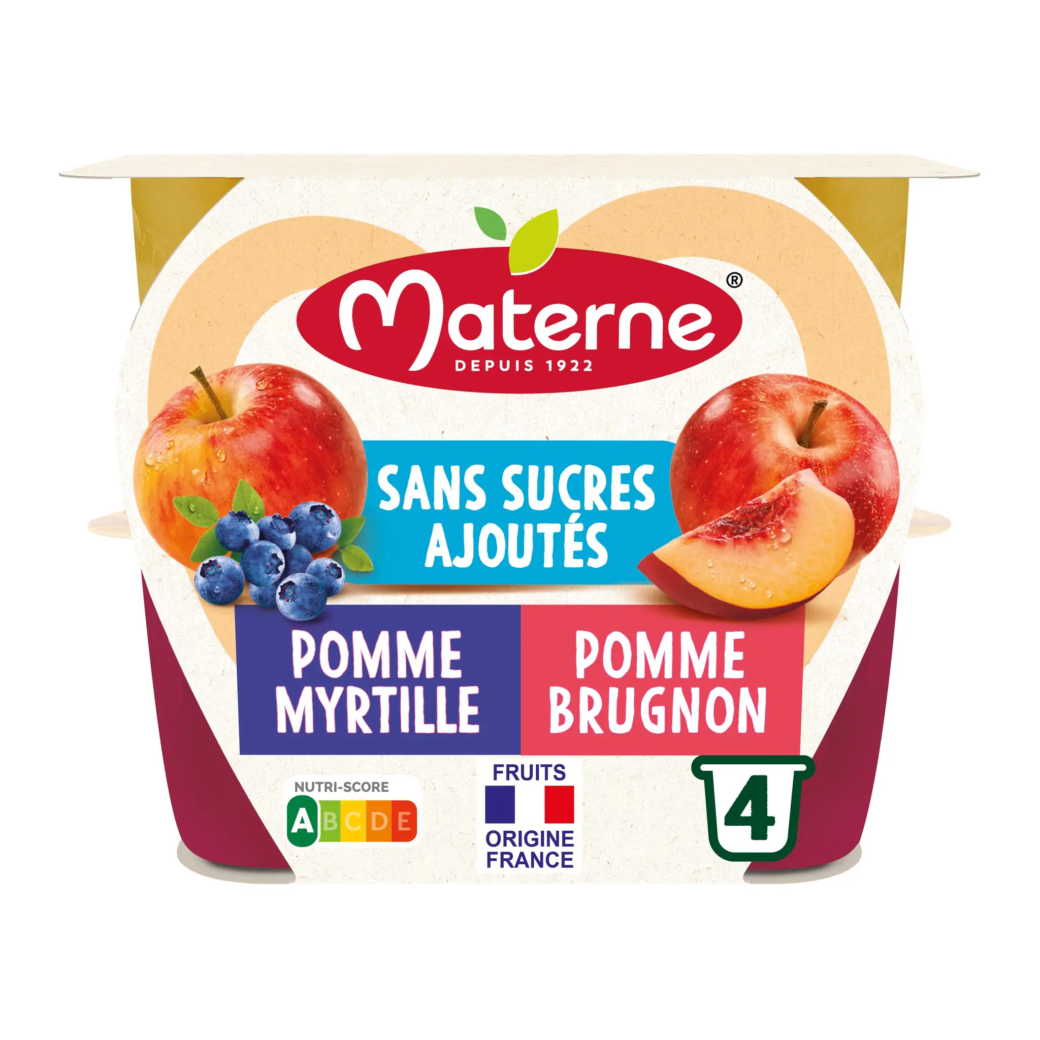 MATERNE Coupelles compotes de pomme myrtille et pomme brugnon sans sucres ajoutés