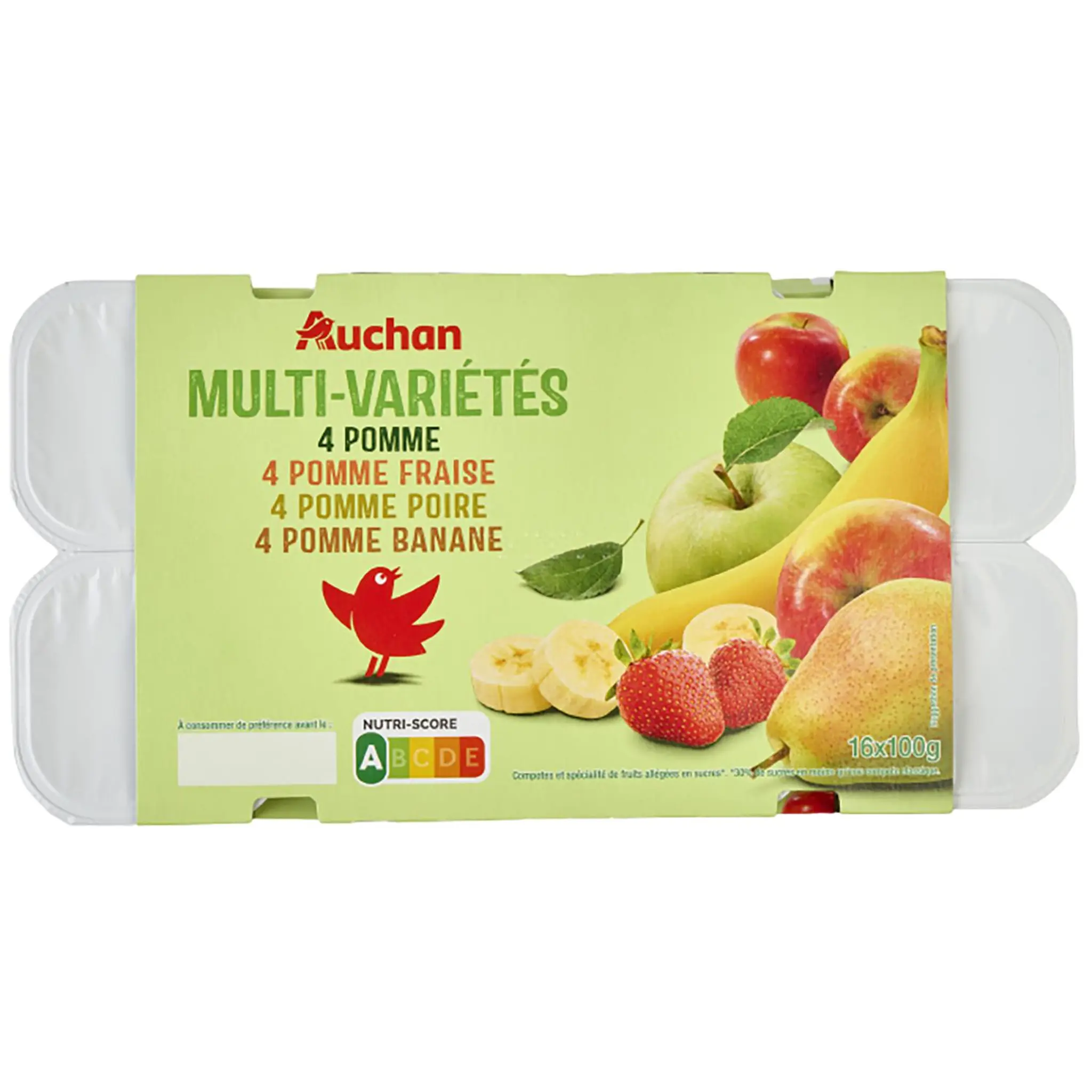 AUCHAN Coupelles pomme fraise abricot banane allégées en sucres sans conservateur