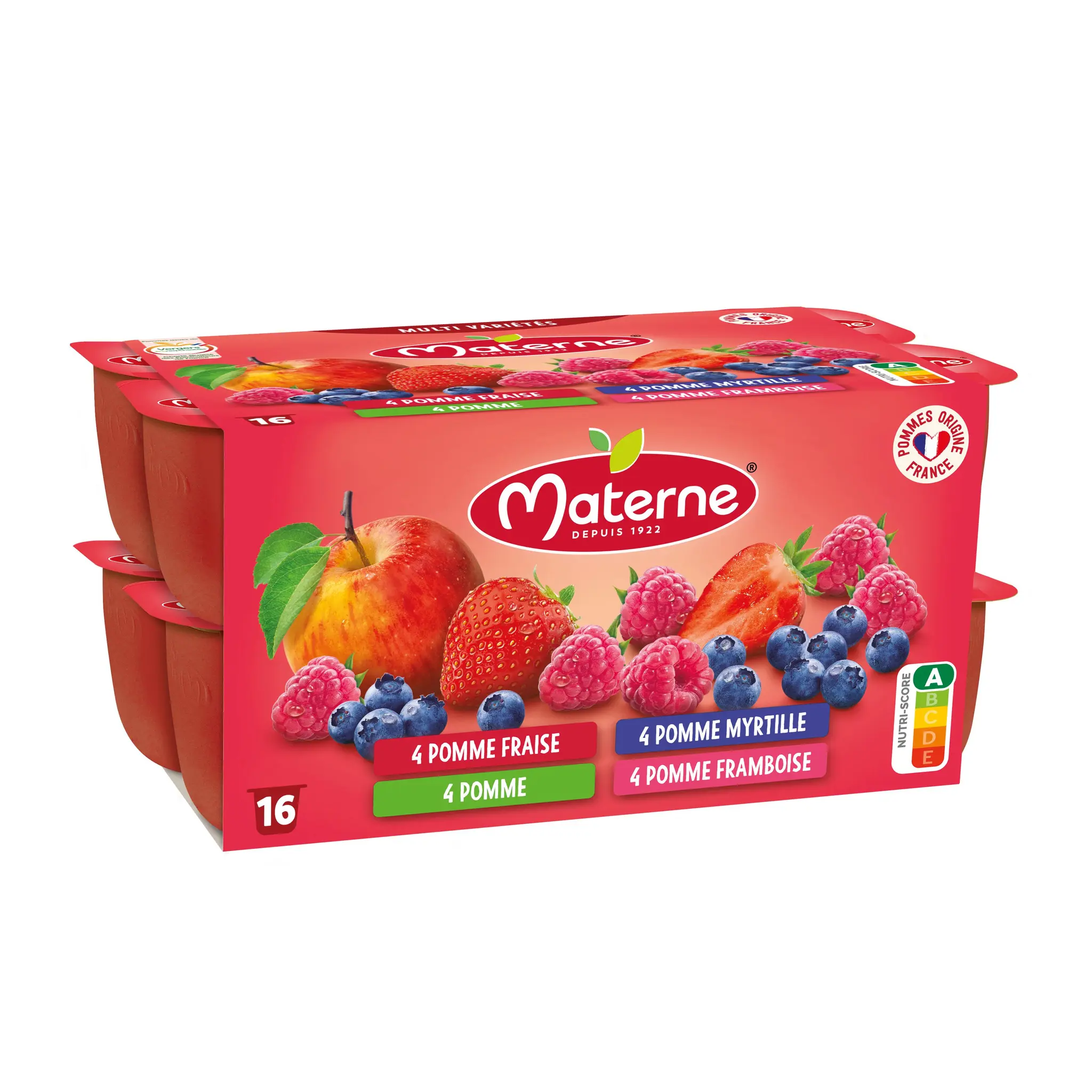 MATERNE Coupelles pomme myrtille framboise fraise allégées en sucres