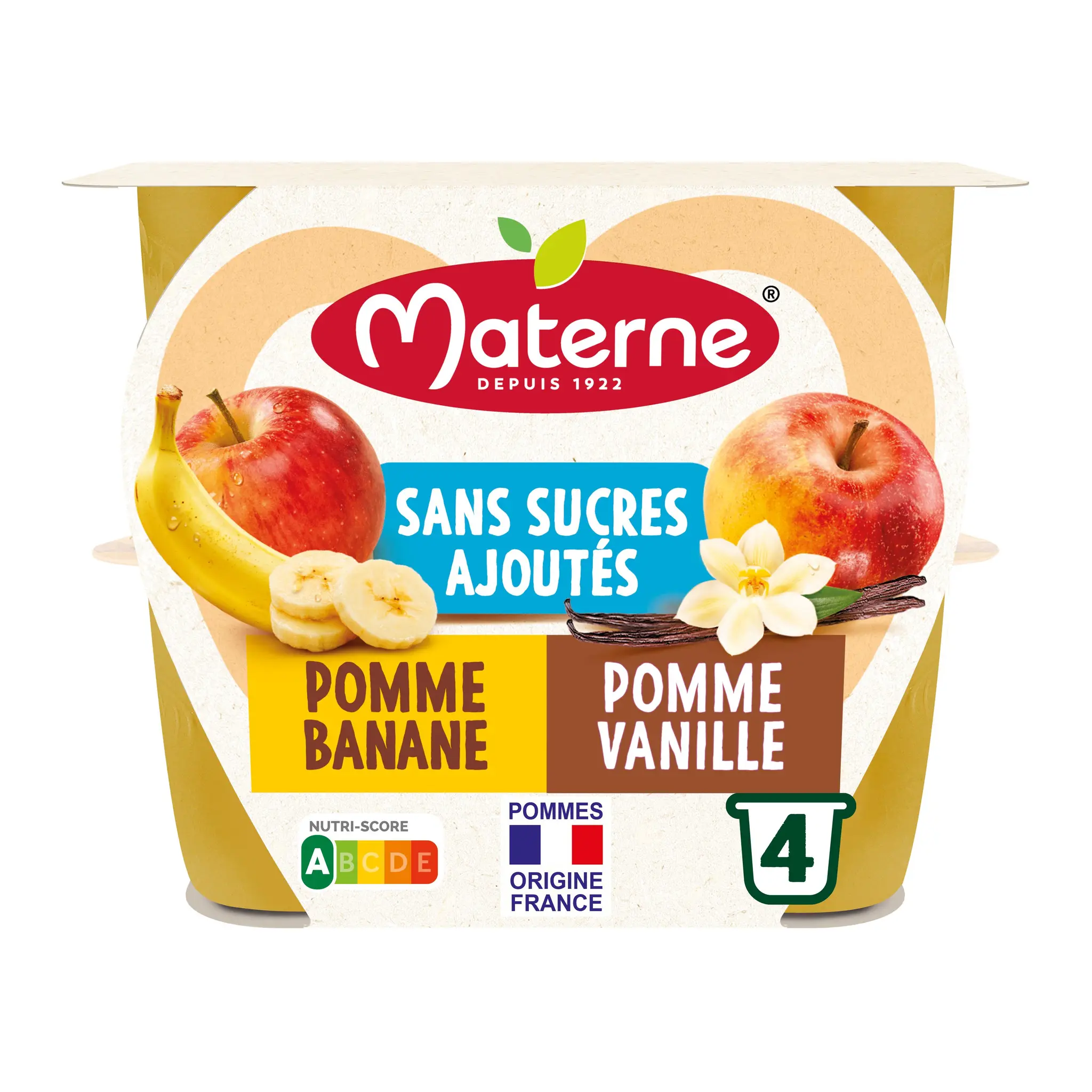 MATERNE Coupelles compotes de pomme banane et pomme vanille sans sucres ajoutés