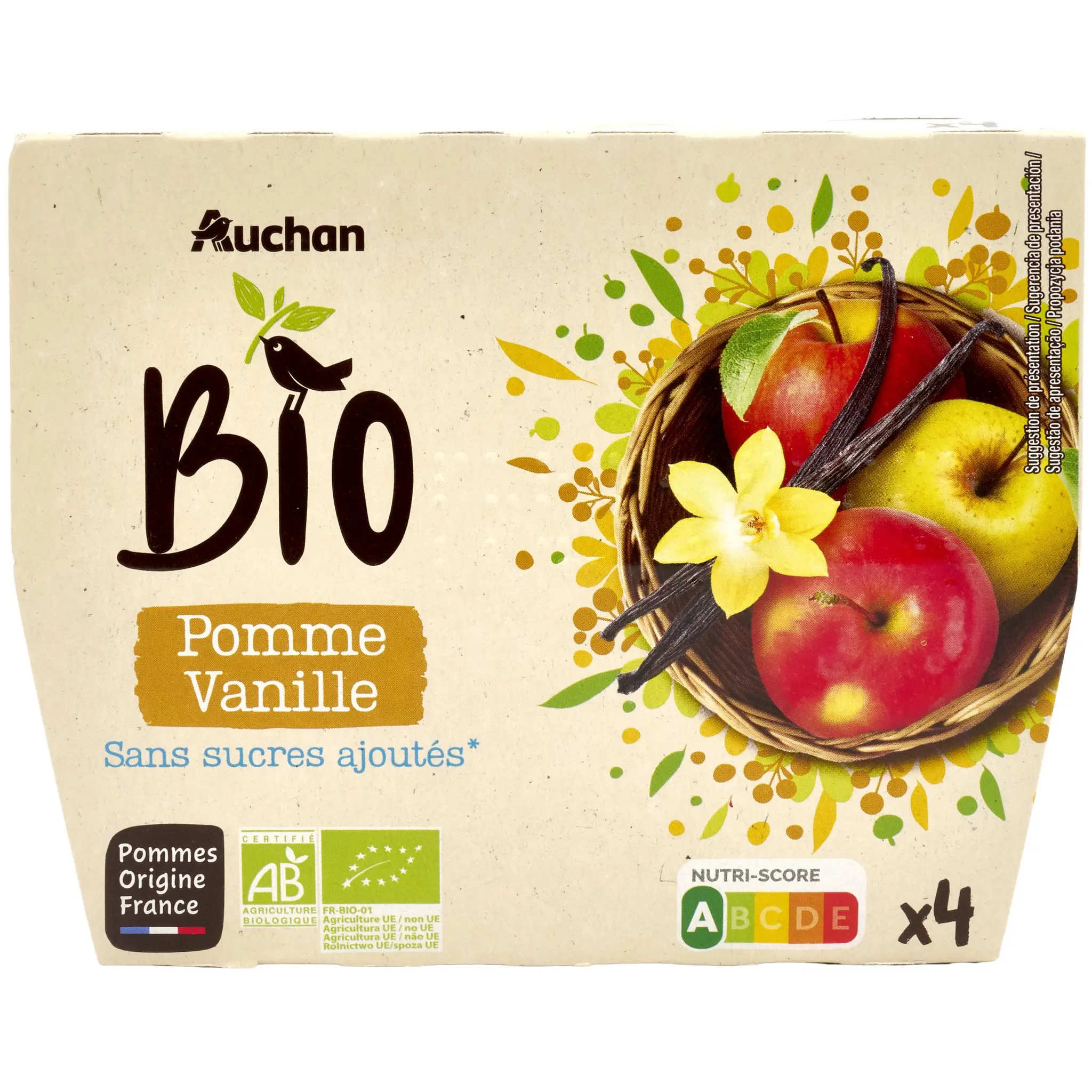 AUCHAN BIO Coupelles purée de pomme vanille sans sucres ajoutés