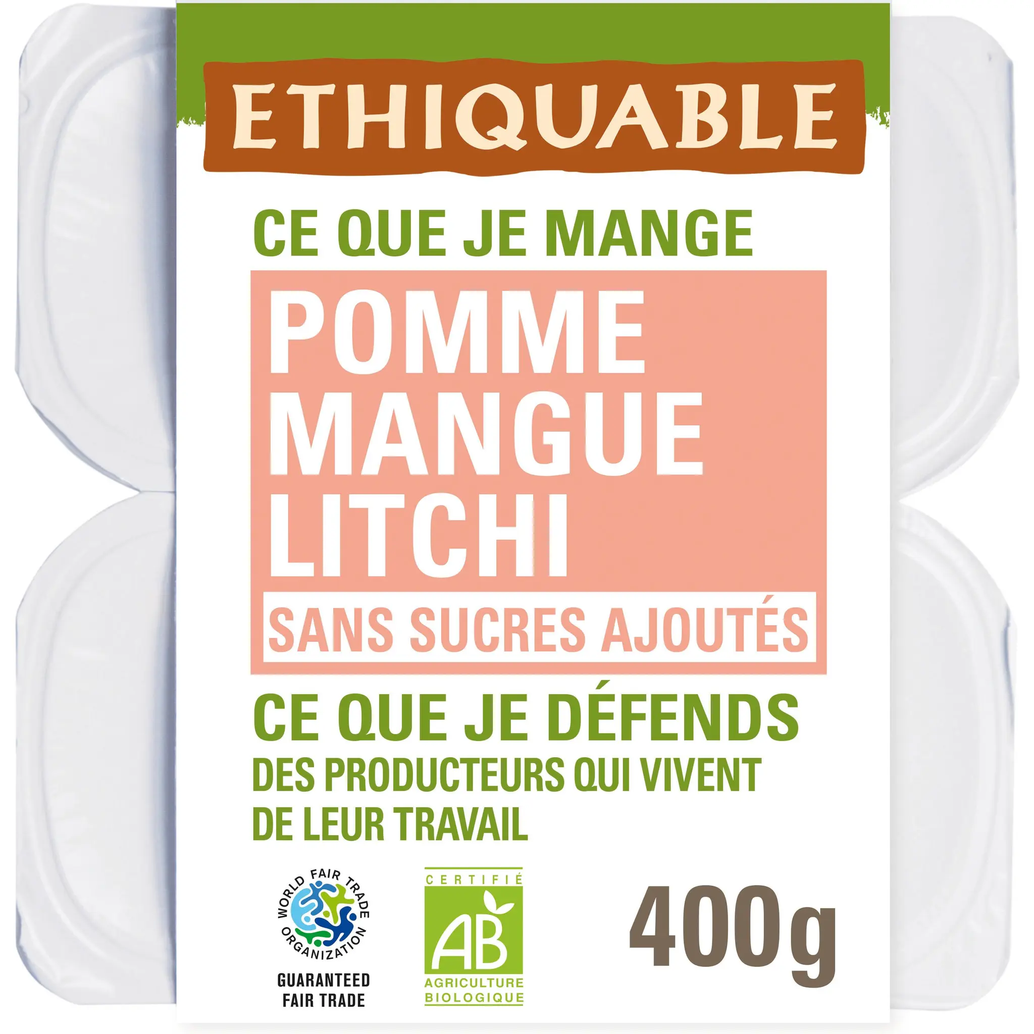 ETHIQUABLE Coupelles de purée de pomme mangue litchi bio sans sucres ajoutés