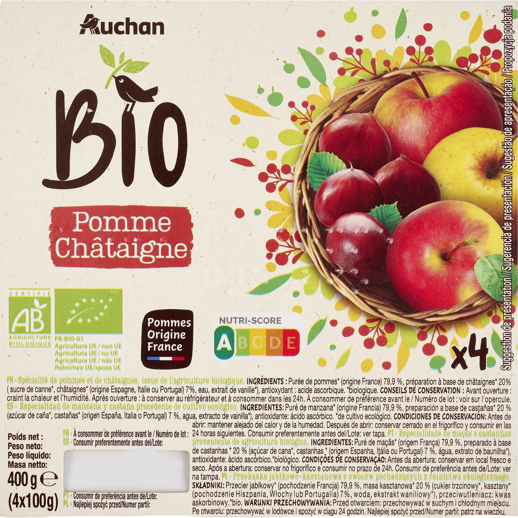 AUCHAN BIO Coupelles de purée pommes et châtaignes