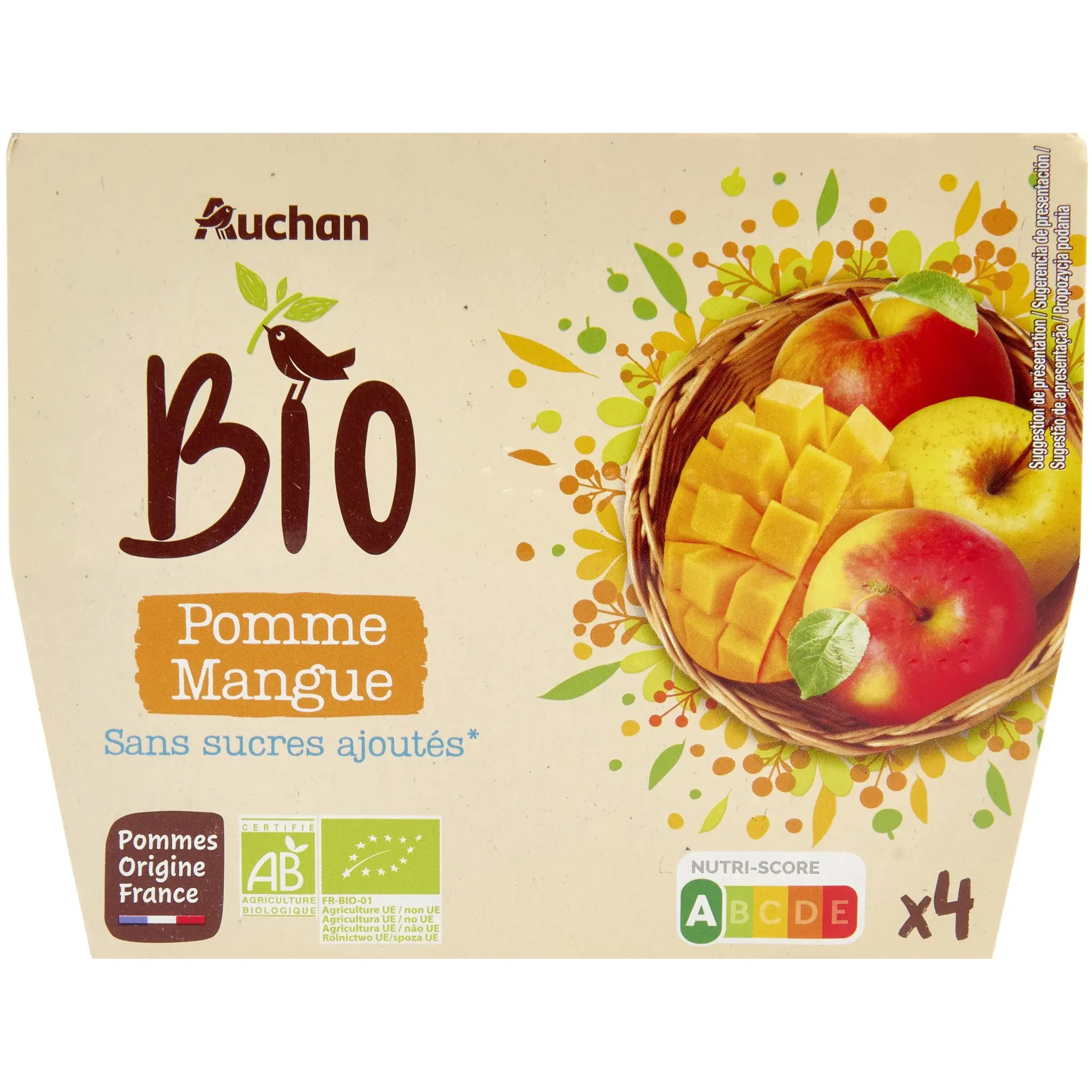 AUCHAN BIO Coupelles de purée de pomme mangue sans sucres ajoutés