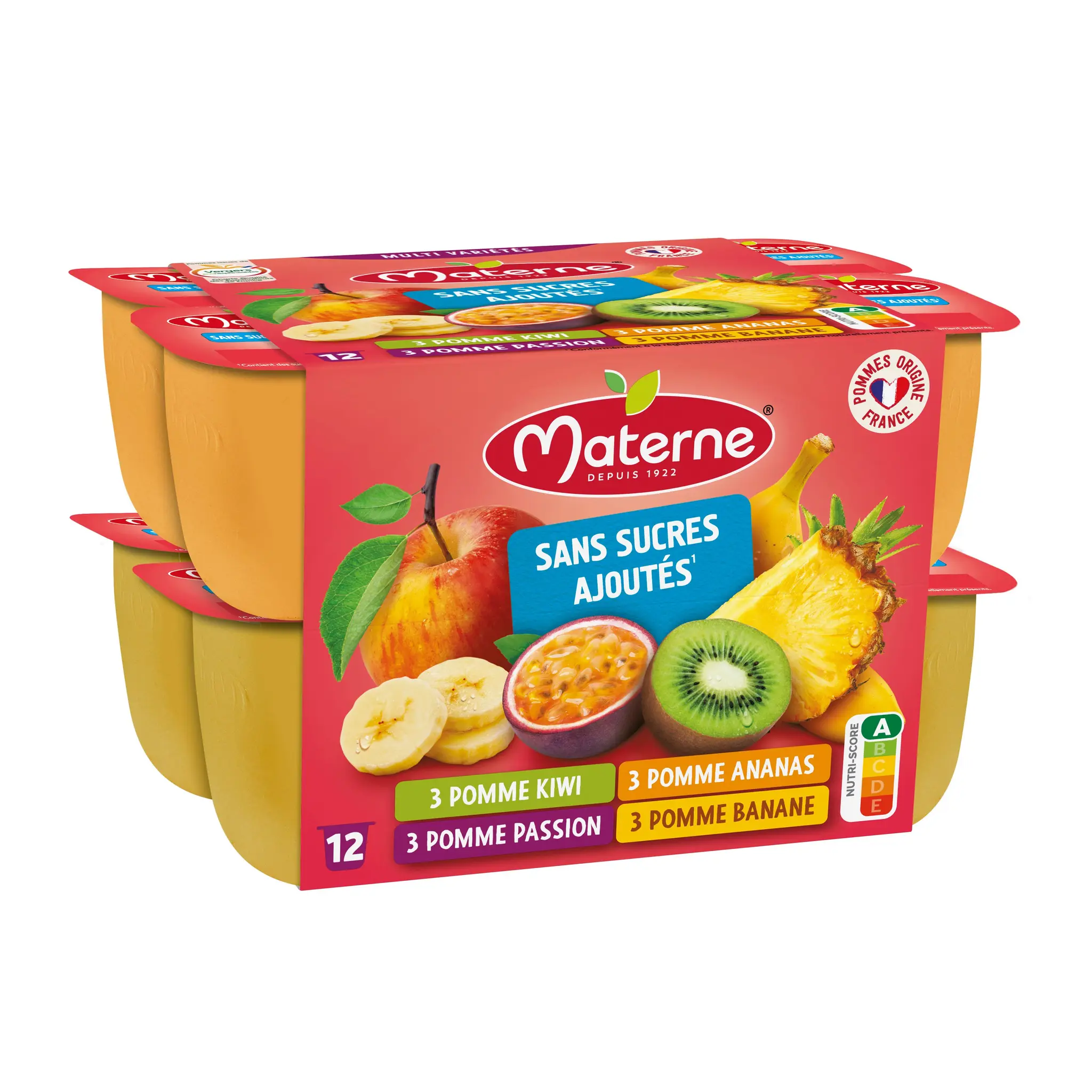 MATERNE Coupelles de compote de pomme ananas kiwi passion banane sans sucres ajoutés