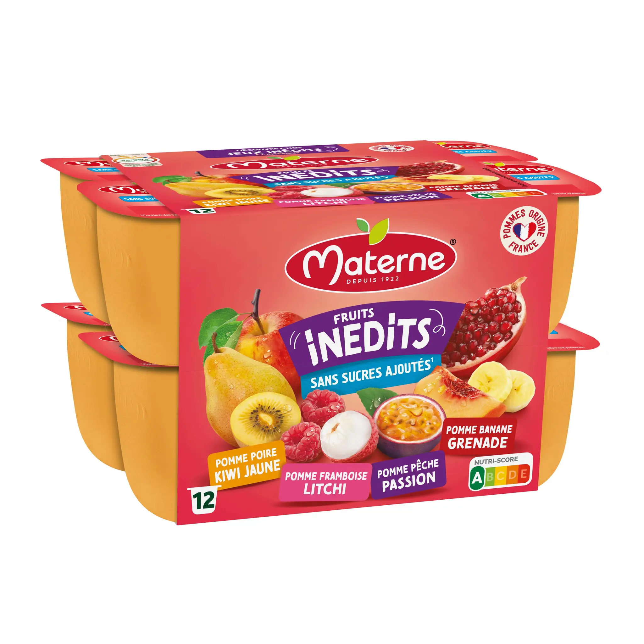 MATERNE Compotes de pomme banane grenade poire kiwi jaune framboise litchi pêche passion