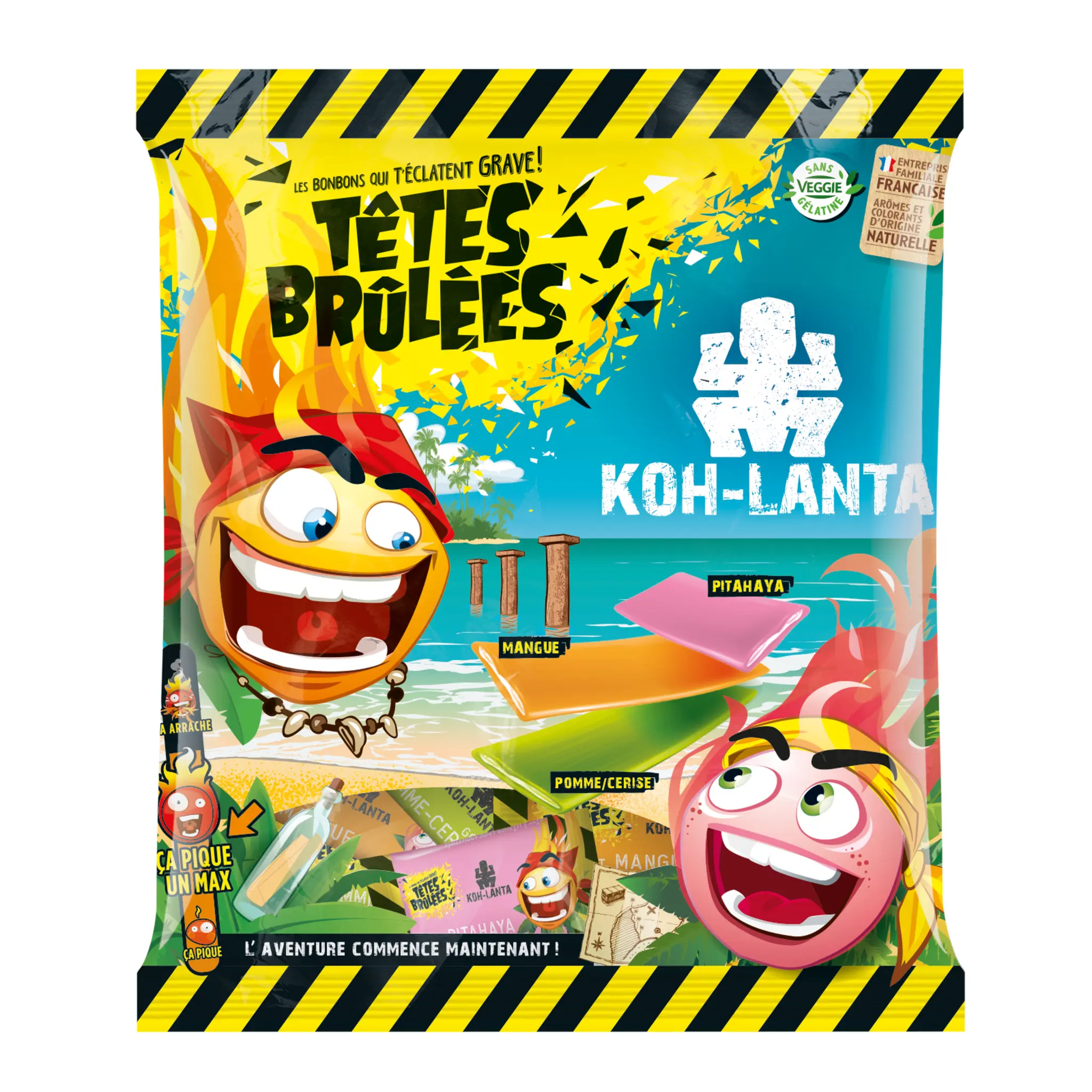 TÊTES BRÛLÉES Bonbons piquants Koh-Lanta saveur pomme cerise mangue et pitahaya