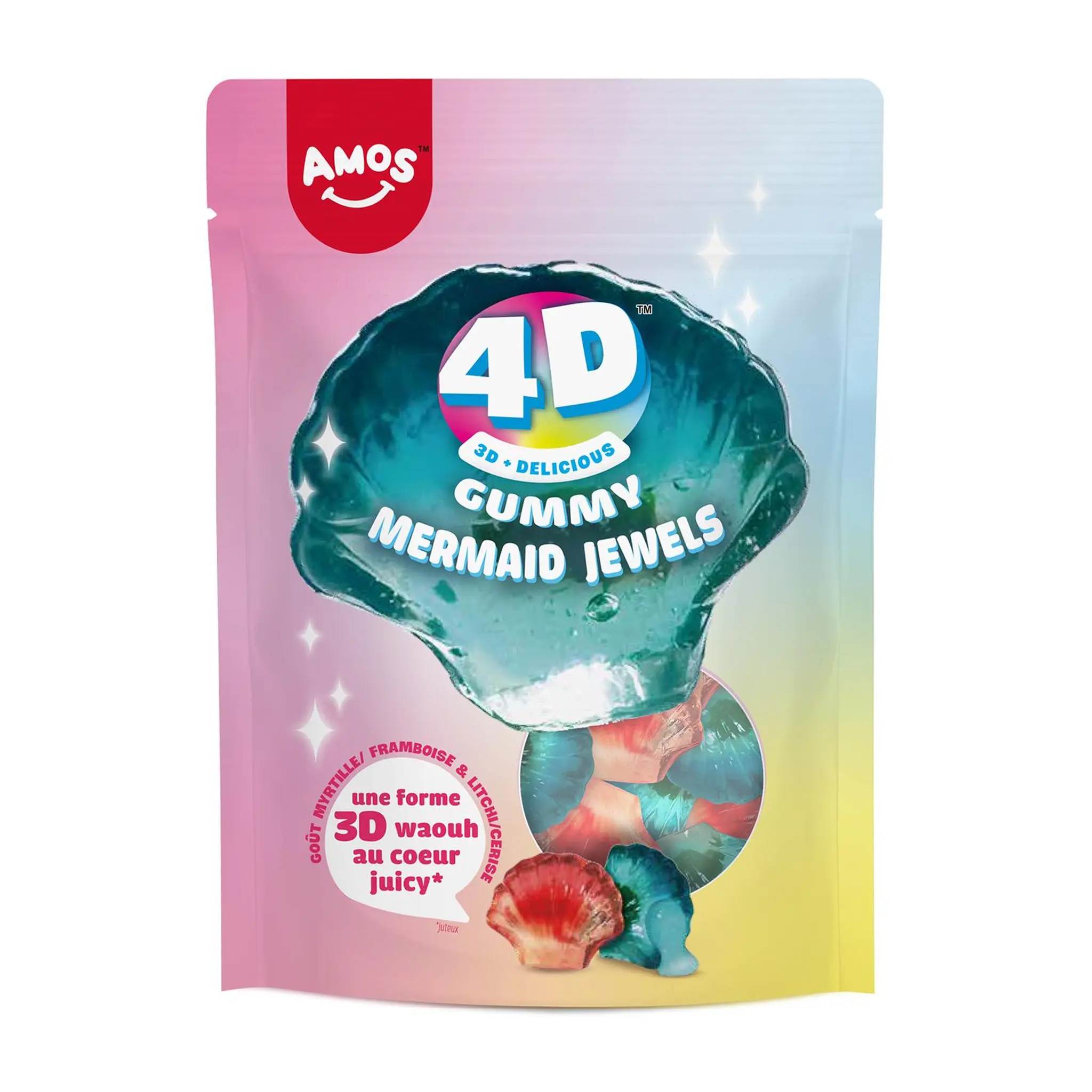 AMOS Assortiment de bonbons gélifiés aux fruits en forme de coquillage transparent bleu ou rose