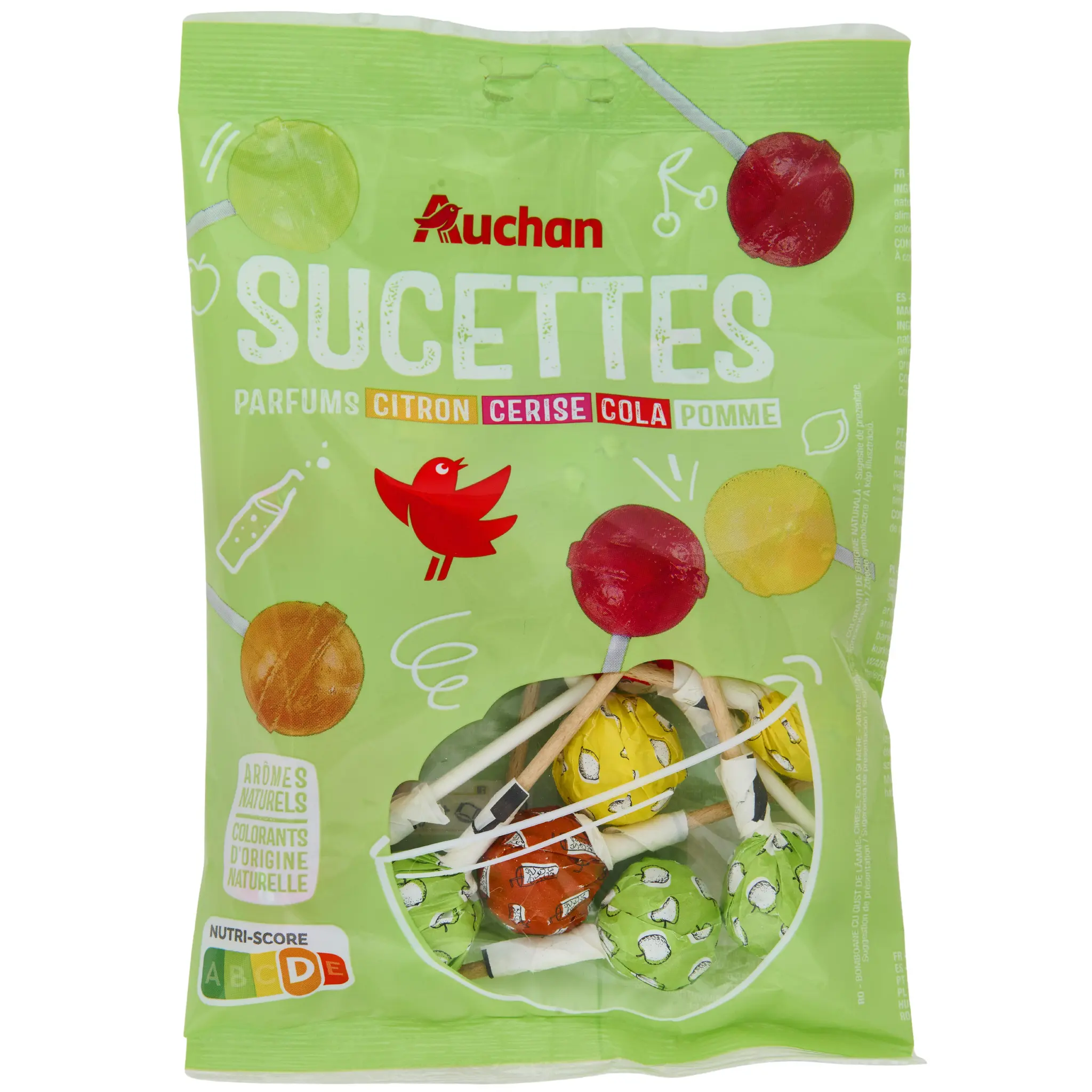 AUCHAN Sucettes parfums citron cerise cola pomme