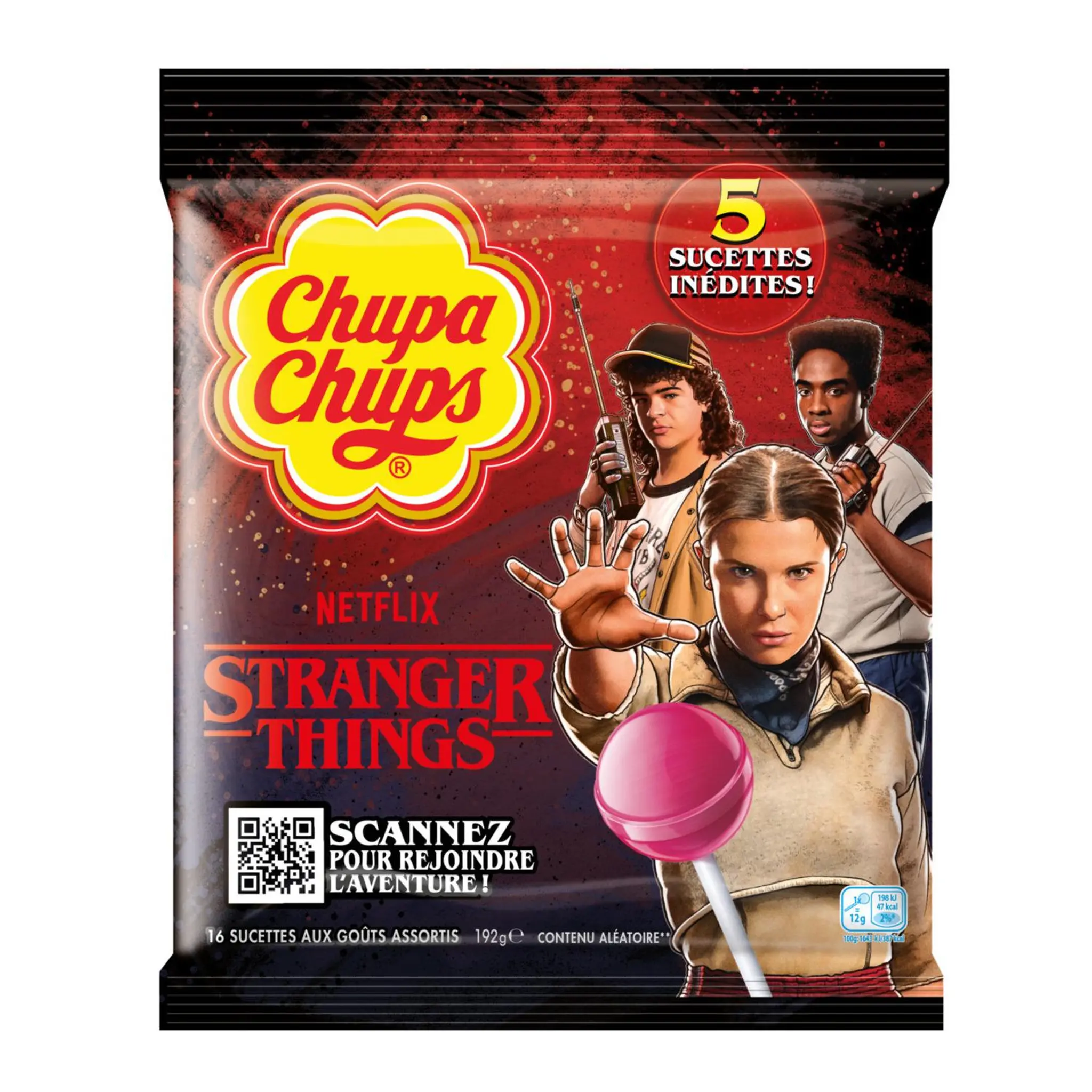 CHUPA CHUPS Sucettes Stranger Things aux goûts assortis fraise pomme ananas lait-fraise et vanille