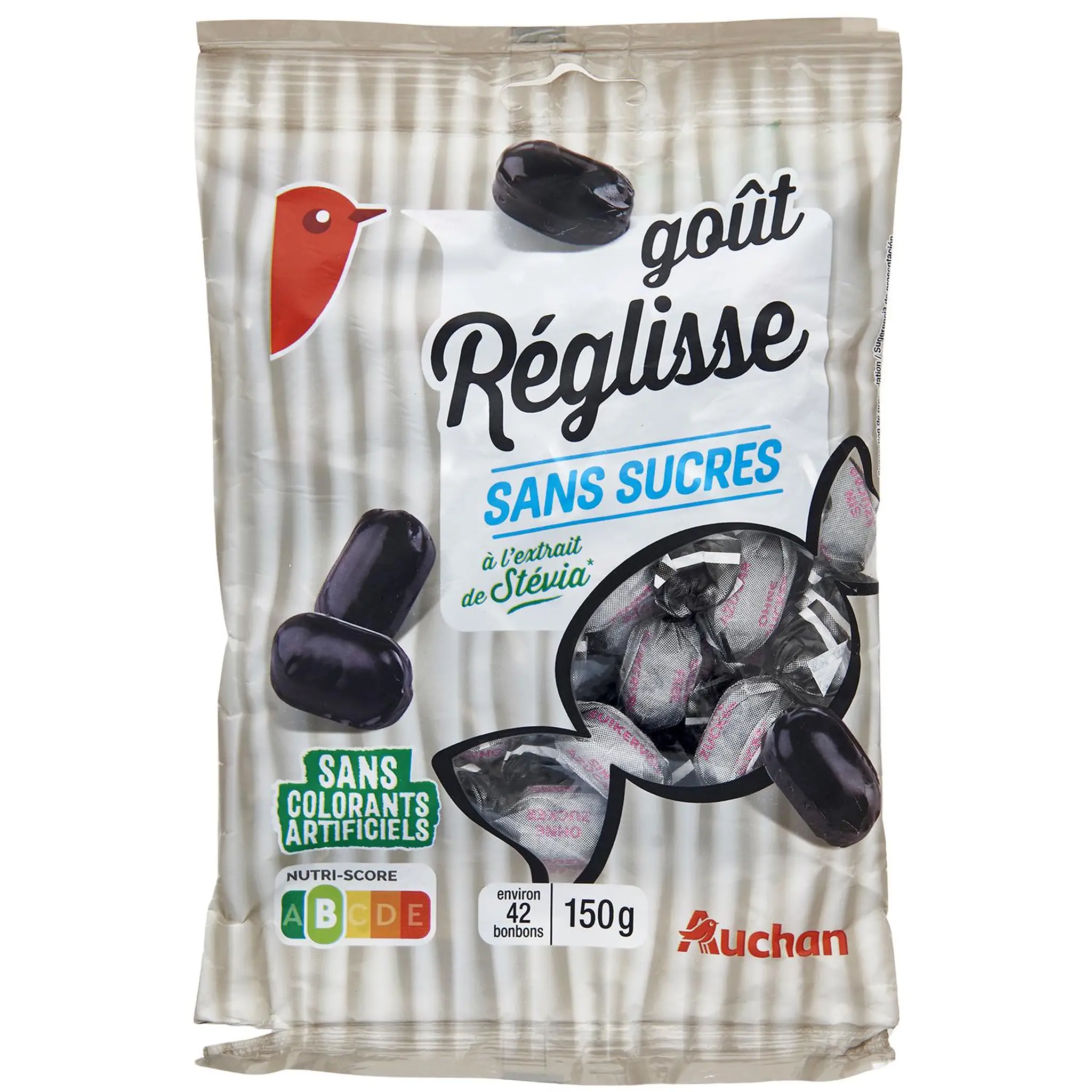 AUCHAN Bonbons goût réglisse sans sucres à l'extrait de Stévia