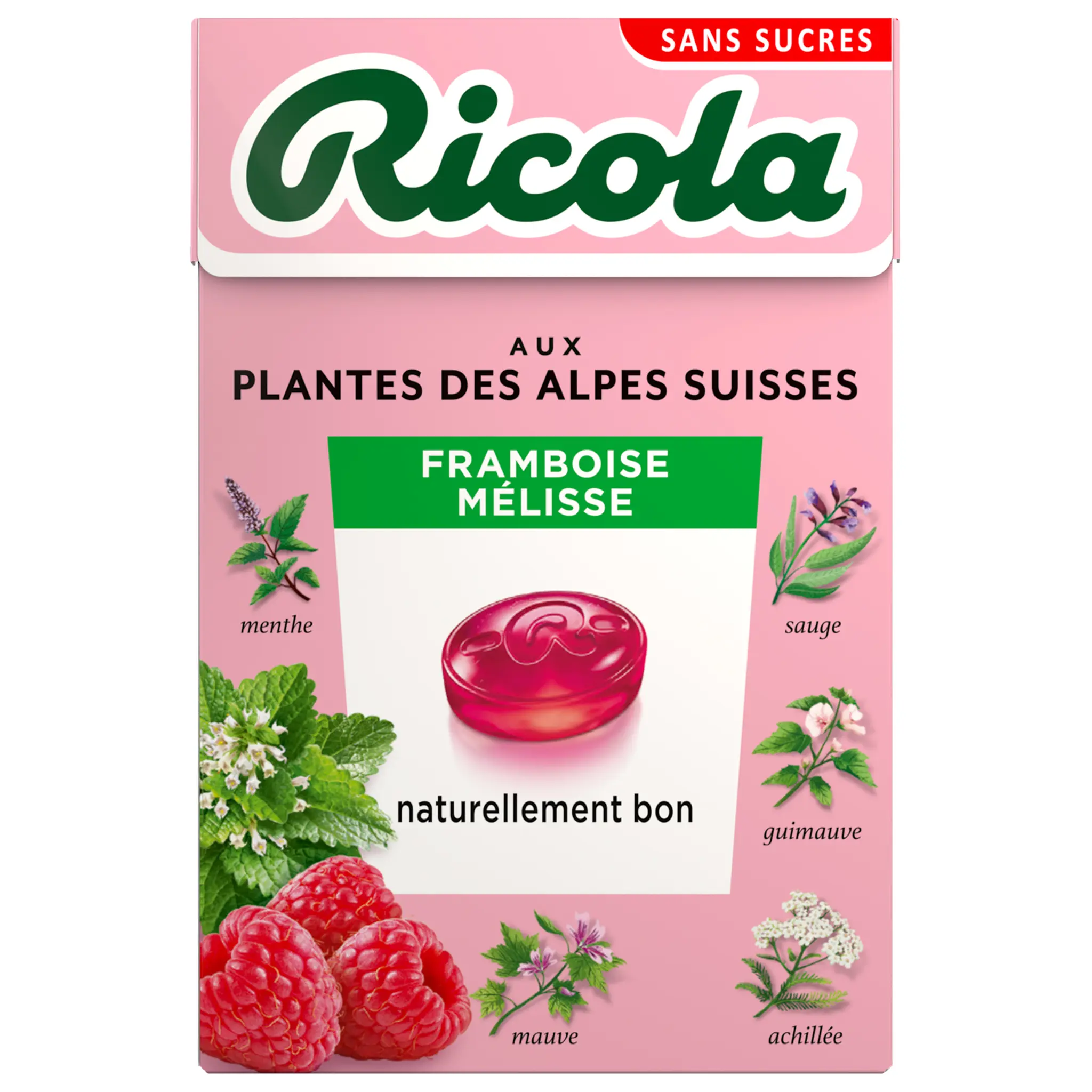 RICOLA Bonbons suisses aux plantes sans sucres saveur framboise mélisse